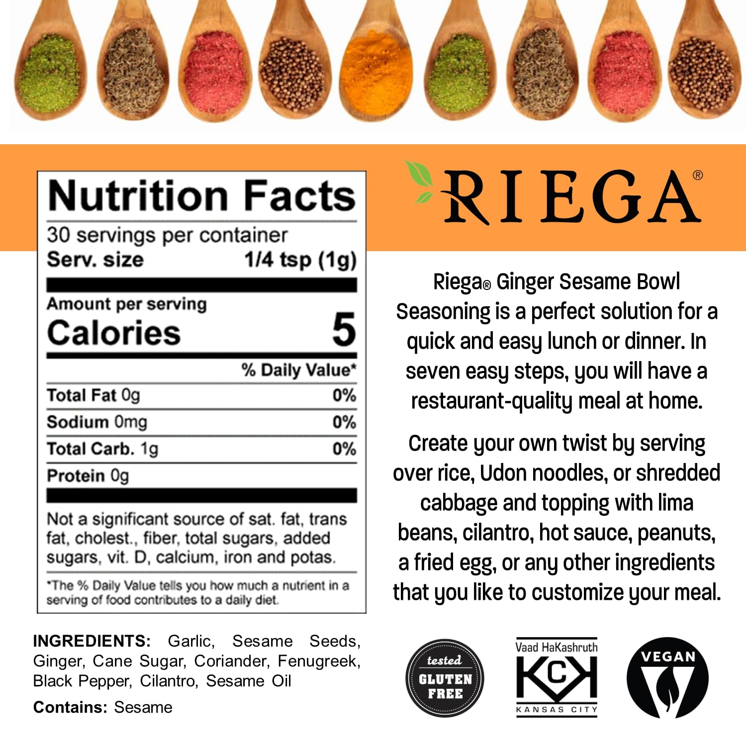 Riega Ginger Sesame Bowl Seasoning, Perfect Mix for Ginger Sesame Dishes (1.06 Ounce (Pack of 8))
