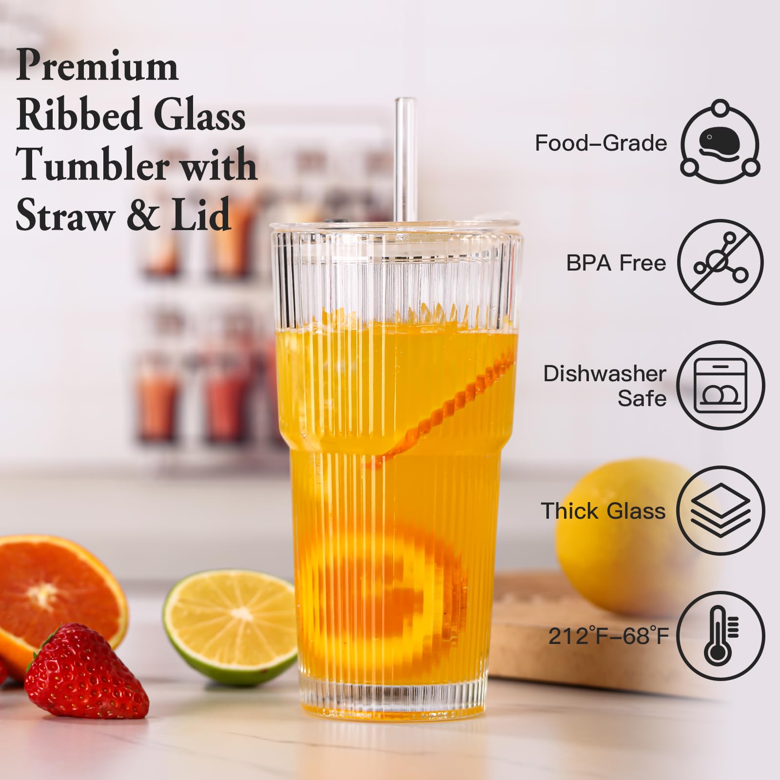 SIPBYSOP 4PCS Ribbed Glass Cups with Lids and Straws, 20oz Vintage Drinking Glasses, Aesthetic Iced Coffee Cups, Glass Tumbler for Boba, Beer, Tea, Cocktails, Ribbed Glassware Set,Clear