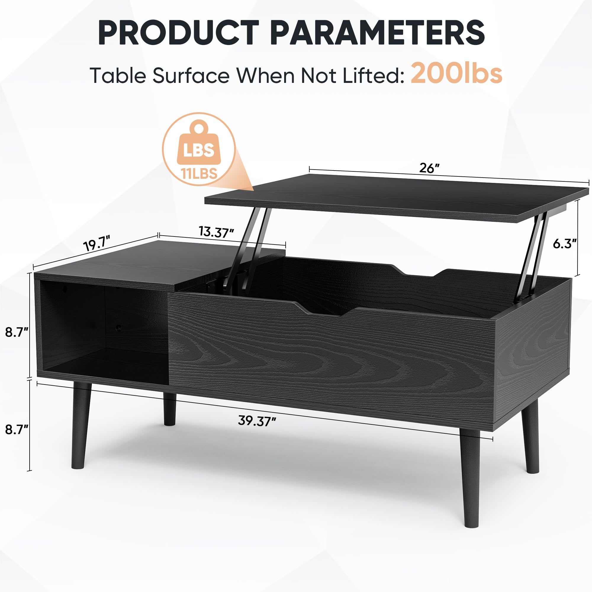 DUMOS Lift Top Coffee Tables for Living Room Apartment, Rising Tabletop Wooden Coffee Table Desk with Storage Shelf and Hidden Compartment, Black