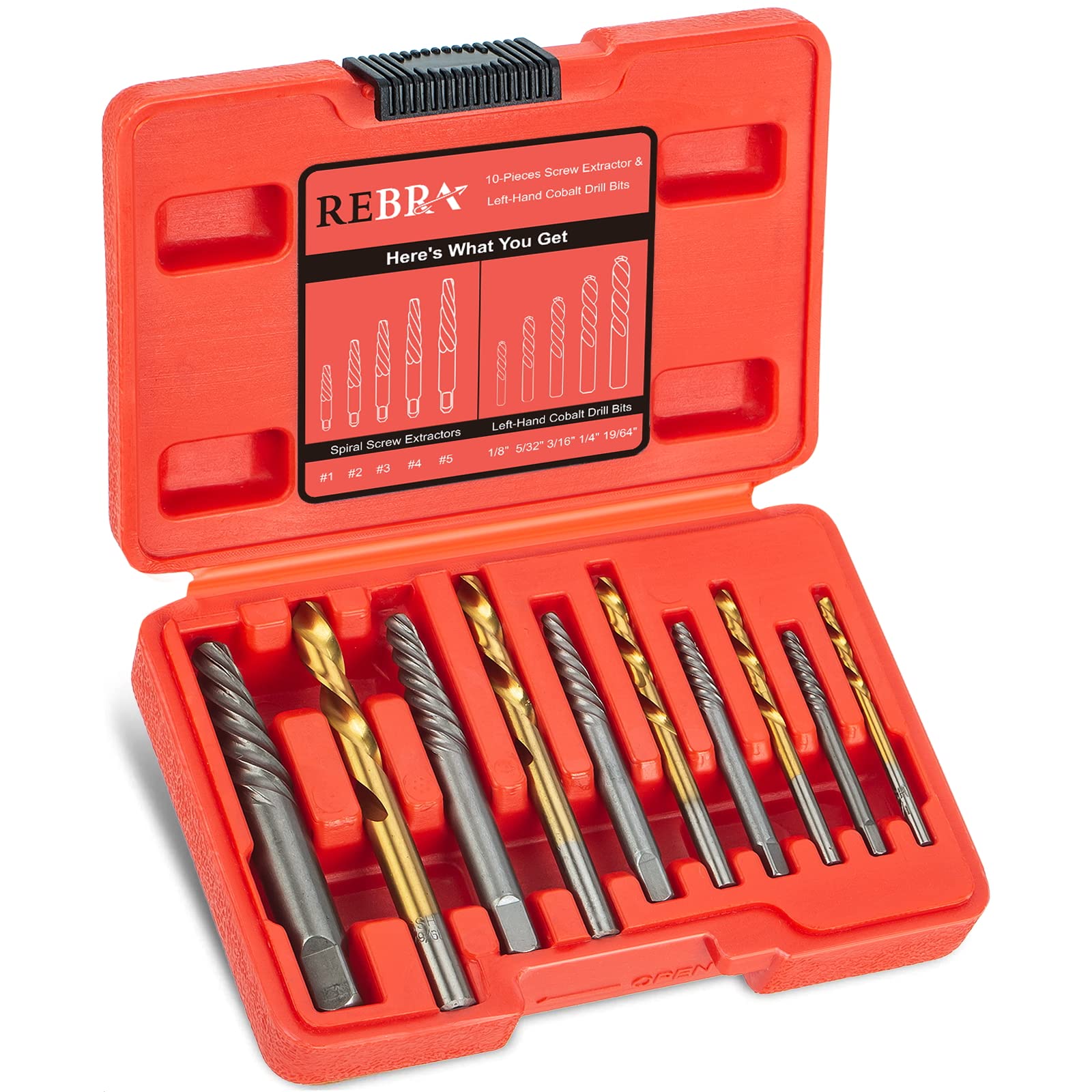 Screw Extractor Set, 37# Cr-Mo & 6542 HSS Steel Cobalt Left-Hand Drill Bit, Easy Out Broken Bolt Remover Reverse, Ez Out Stripped, Rounded-Off, Damaged Bolts, Screws&Studs Removal Tool (10-Pieces)