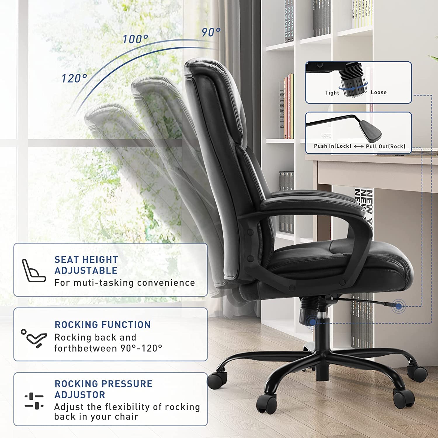 OLIXIS Office Chair,Desk Chair Executive Office Chair High Back Home Office Desk Chairs Soft Armrest,Height Adjustable Ergonomic Computer Chair Lumbar Support,Big Tall Bonded Leather Chair Black