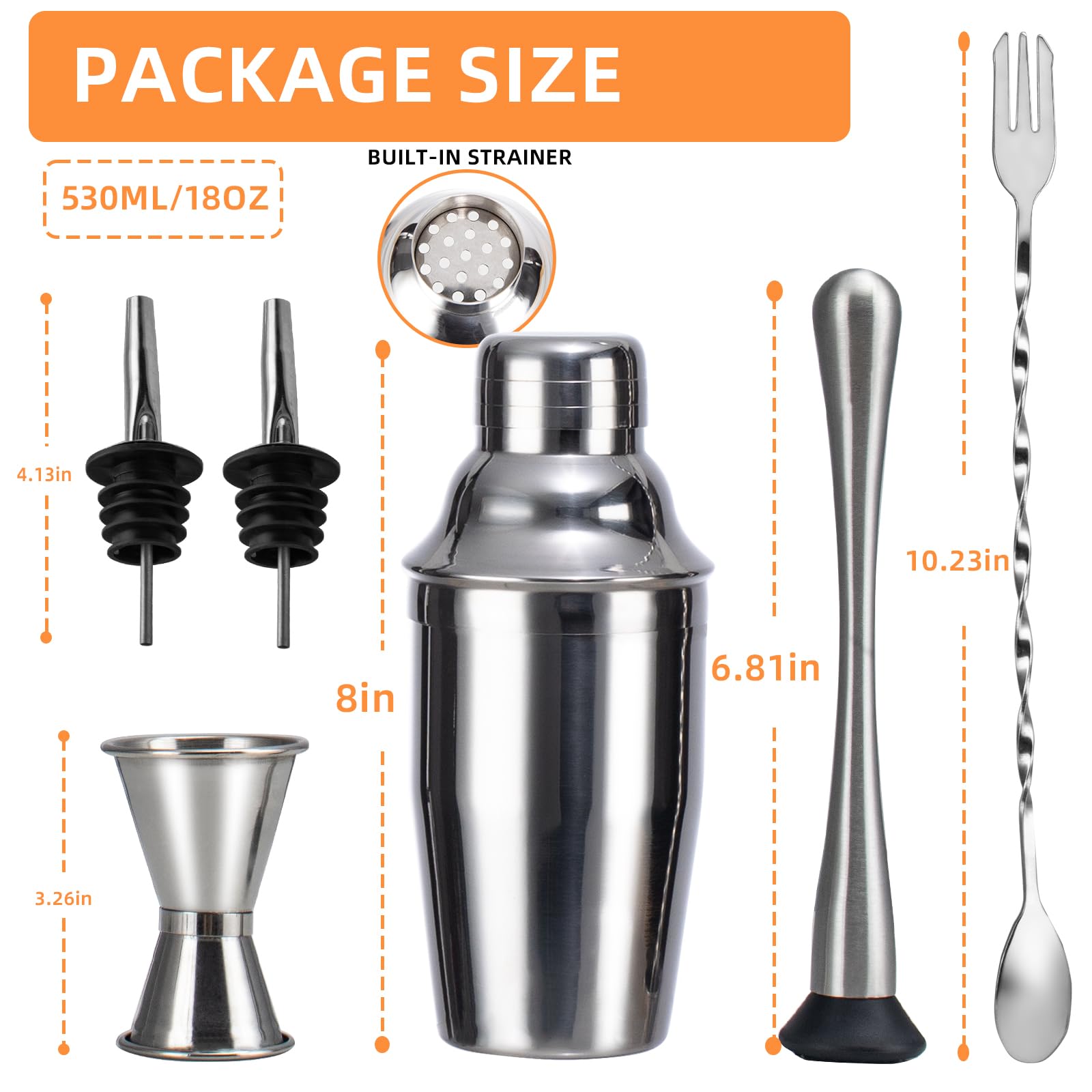 WELKOR 6 Piece 18oz Professional Cocktail Shaker Set with Built-in Strainer,Martini and Margarita Shaker for Home Bar, Boston Bartending Kit Gift for Beginners (530ml/18oz)