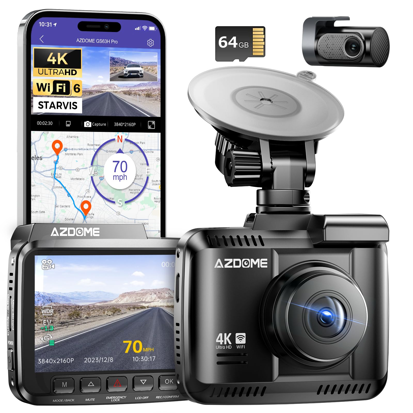 AZDOME 4K Dash Cam Front and Rear, 2160P Car Camera for Car, 64GB Card Included, WiFi Dash Cam with GPS and Speed, 2.4" Screen Dashcam with WDR Night Vision Motion Detection 24H Parking Mode GS63H Pro