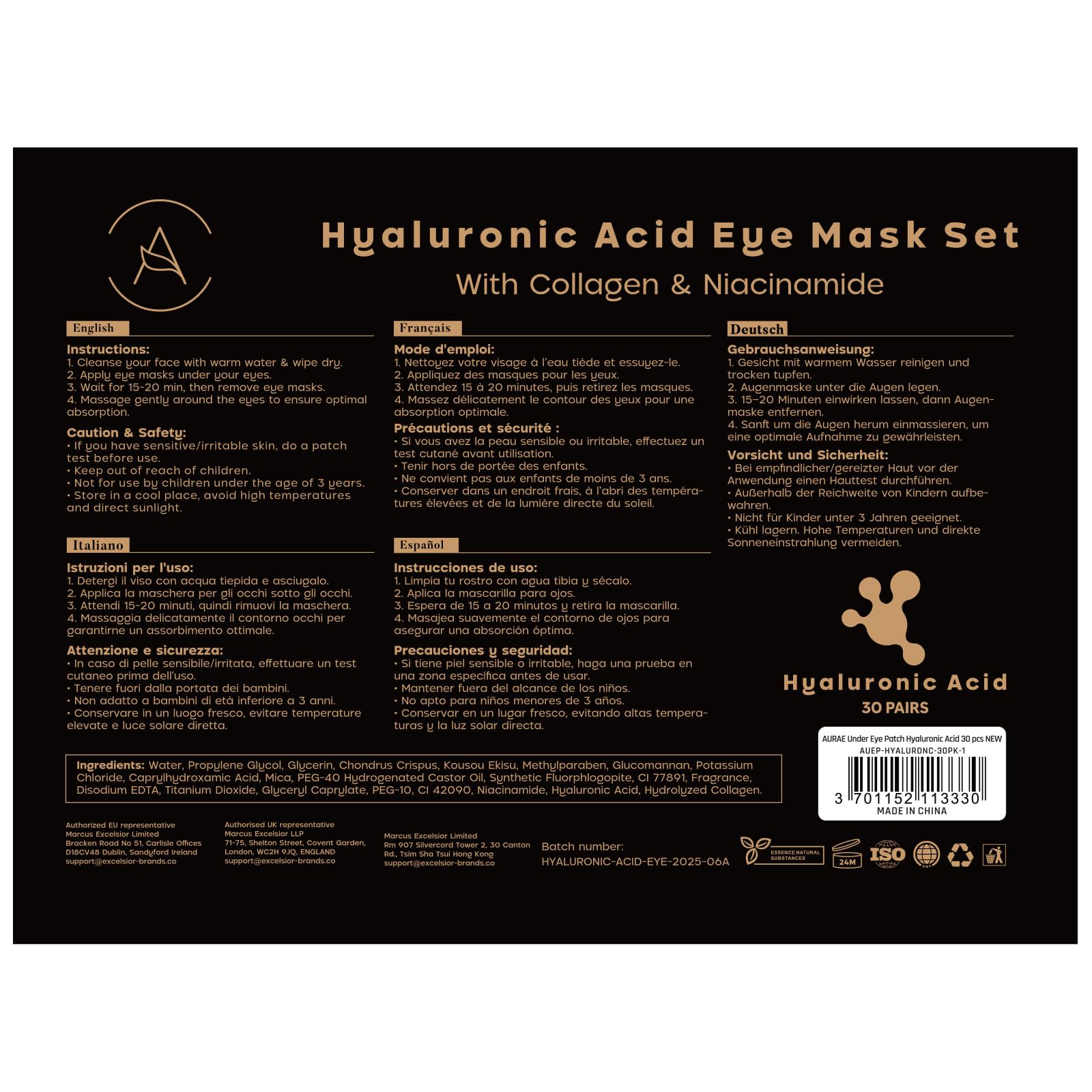 AURAE Hyaluronic Acid Under Eye Patches (30 Pairs) - For Dark Circles & Puffiness - Hydrating Eye Mask for Care