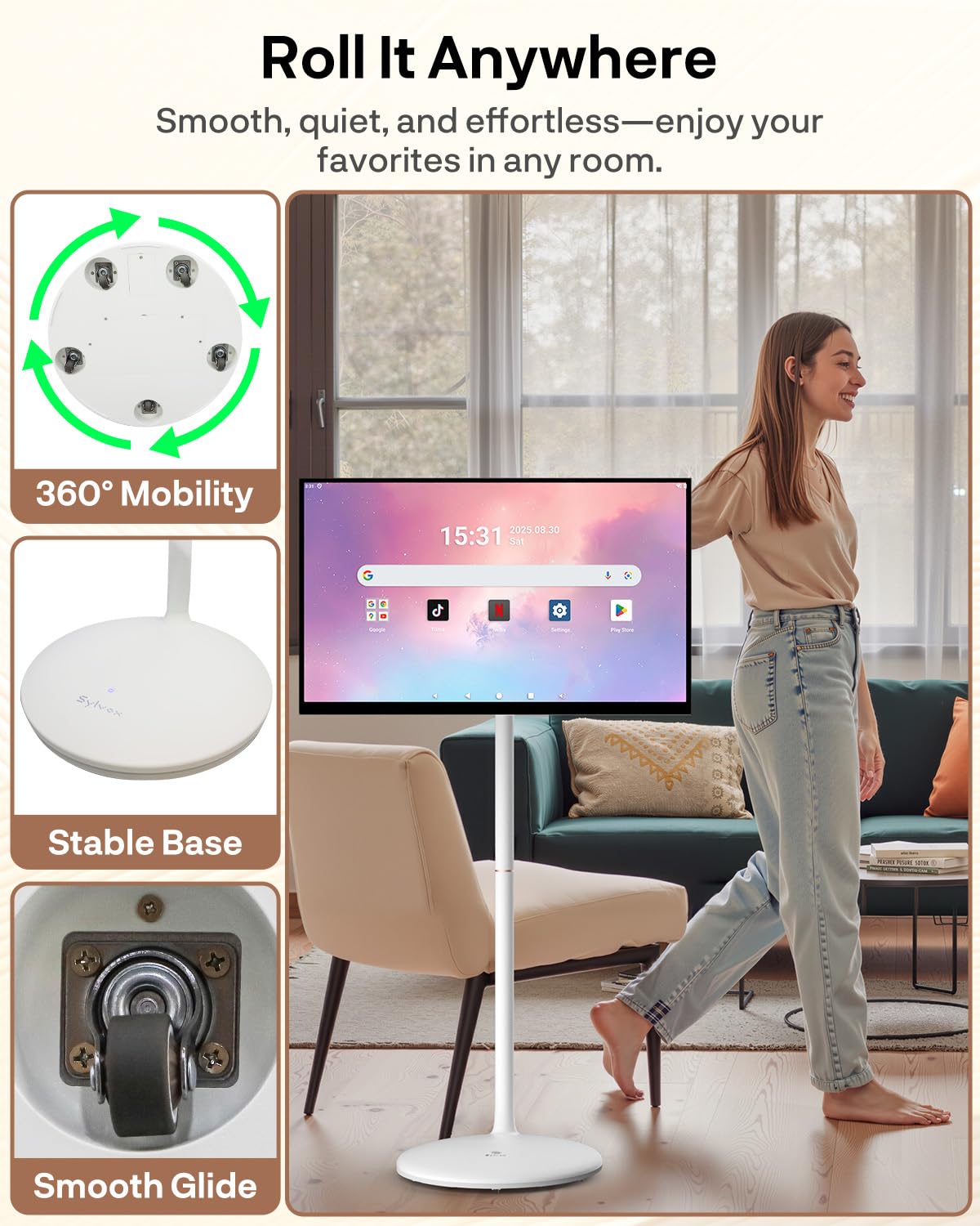 SYLVOX 27'' Smart Rolling Display with Stand, 1080P Portable Touchscreen Monitor for Streaming TV Apps, Built-in Battery (4-5H), Full Swivel Rotation for Home, Office & Entertainment
