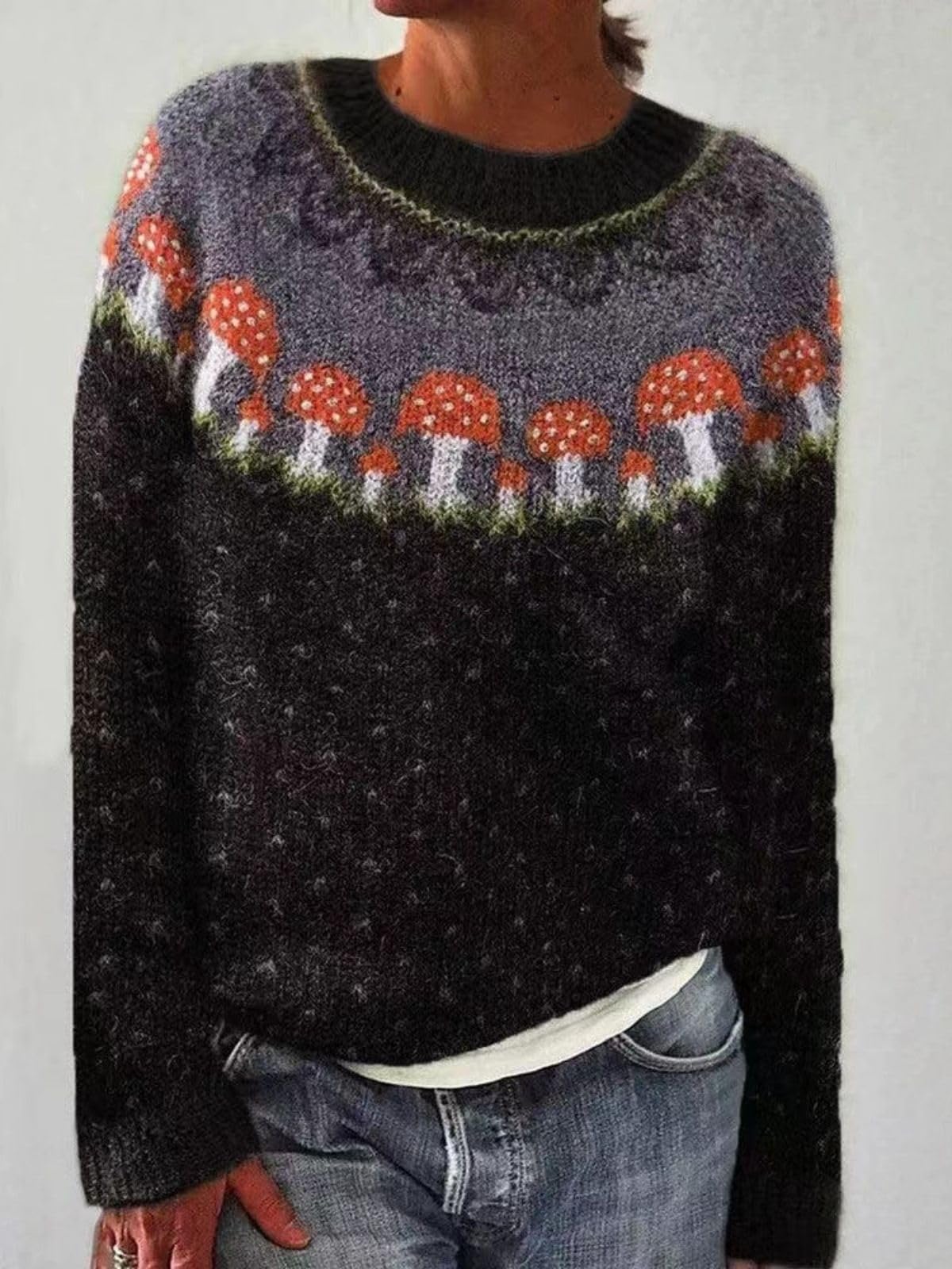 DMOYALA Women's Fair Isle Sweater Mushroom Black Long Sleeve Boat Neck Lightweight Cropped Pullover Tops 2024 Fall Fashion Vintage Casual Fit Knitted Sweater Tops for Winter Christmas