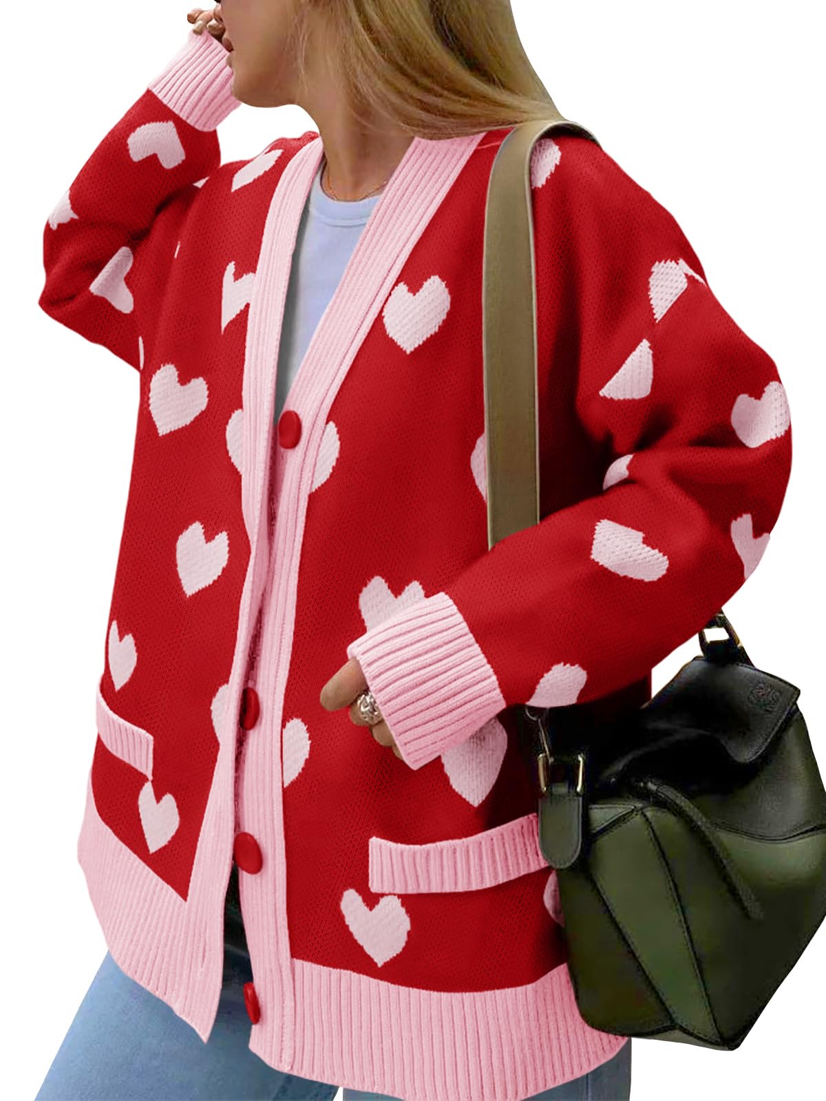 Saodimallsu Womens Oversized Heart Cardigan Color Block V Neck Button Long Sleeve Chunky Valentines Sweaters Black