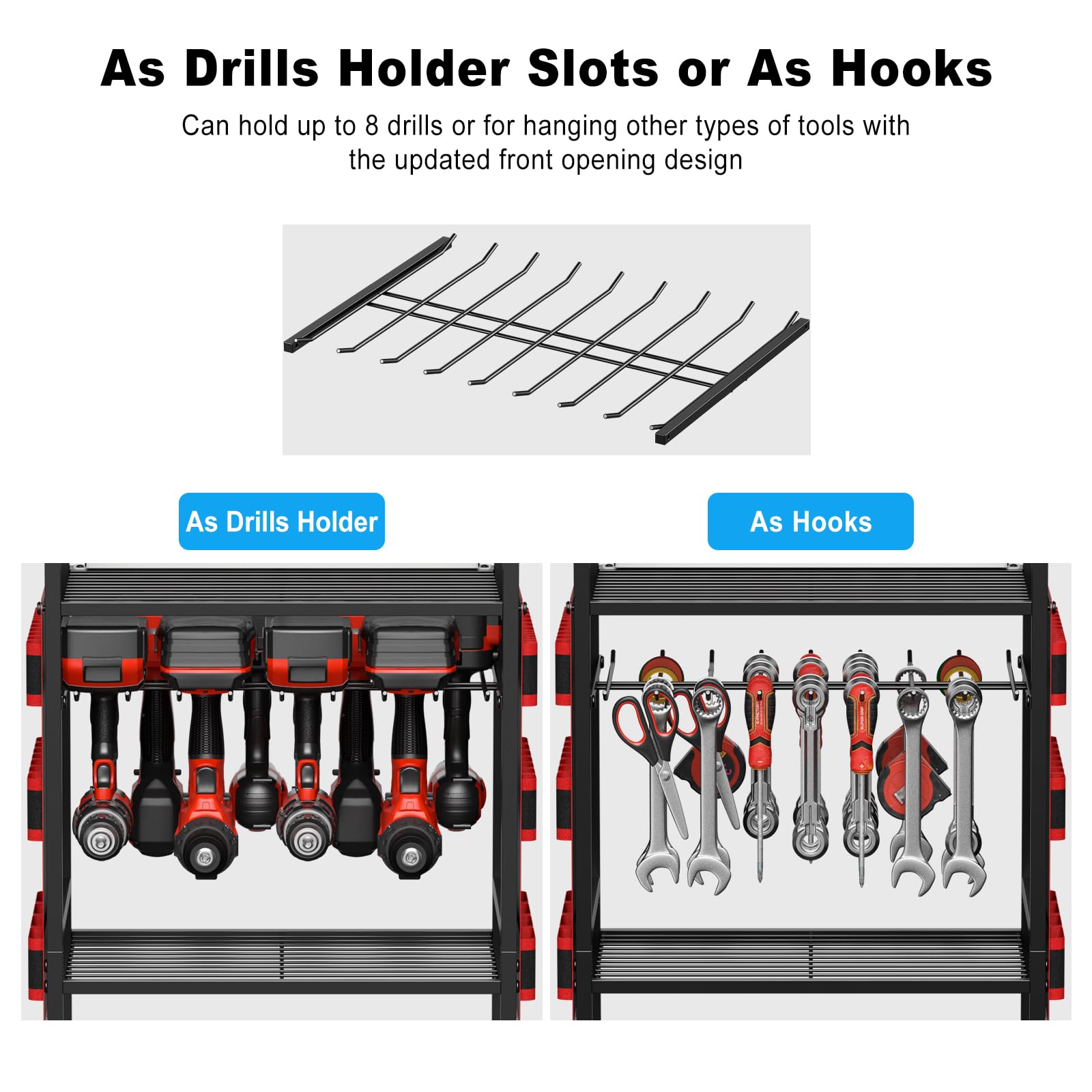 JUNNUJ Large Power Tool Organizer Cart with Charging Station, Garage Floor Standing Rolling Drill and Tools Battery Storage Cart on Wheels, Heavy Duty Utility Rack Shelf with 8 Outlet Power Strip