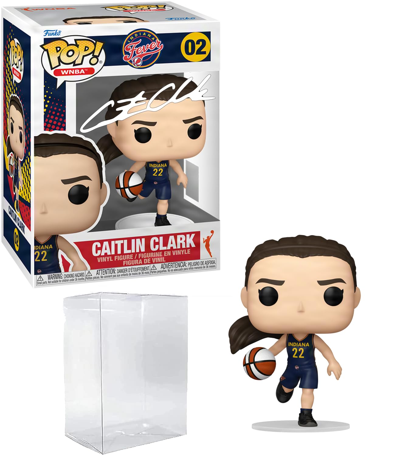 Caitlin Clark #02 Rookie Season Facsimile Signed Reprint Laser Autographed Funko POP! Basketball WNBA: Indiana Fever Figurine with HOFSM Protector Case