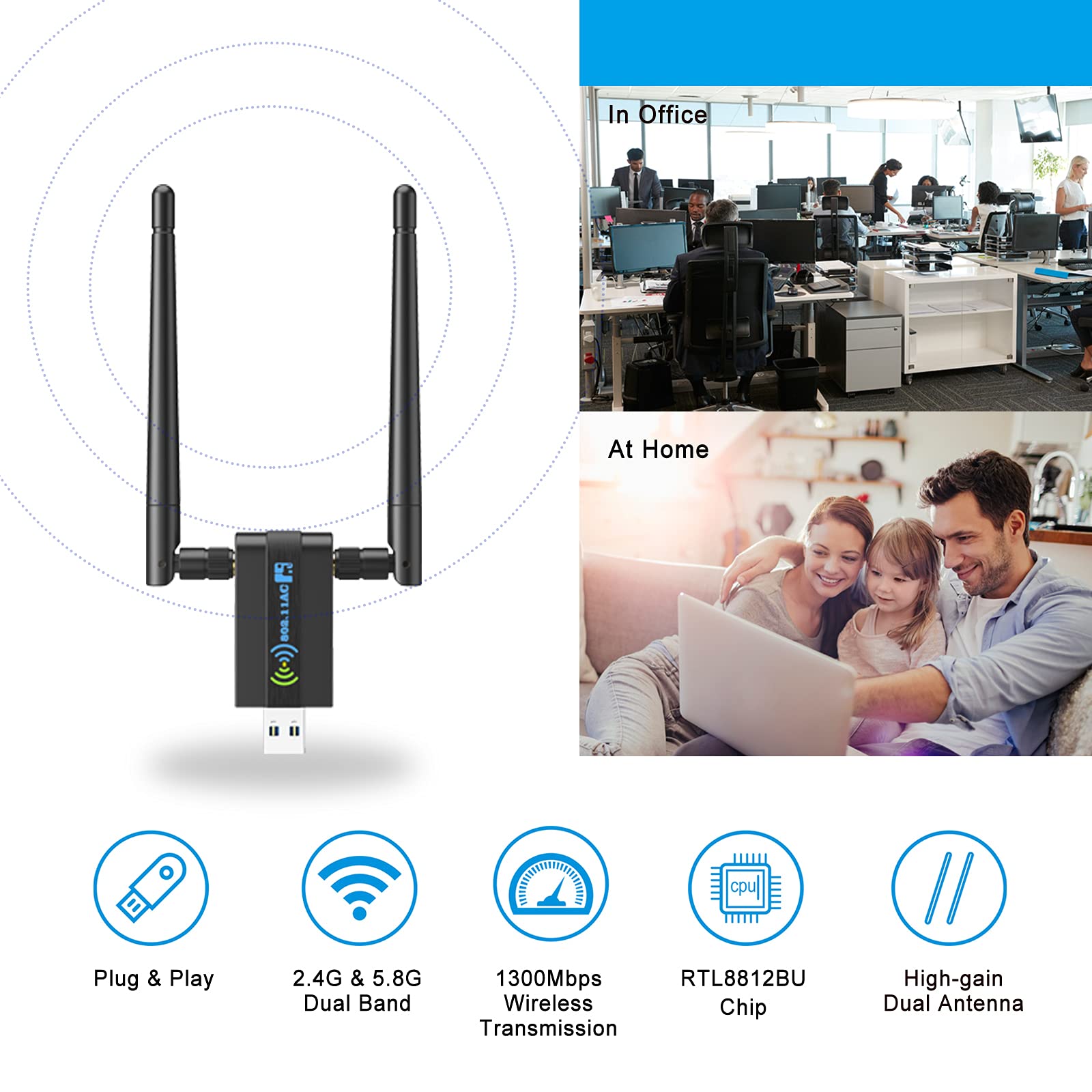 Wireless USB WiFi Adapter for PC: 1300Mbps WiFi USB, 802.11AC WiFi Adapter for Desktop PC, Dual Band WiFi Dongle Wireless Adapter for Windows11/10/8/7/Vista/XP, USB Computer Network Adapters