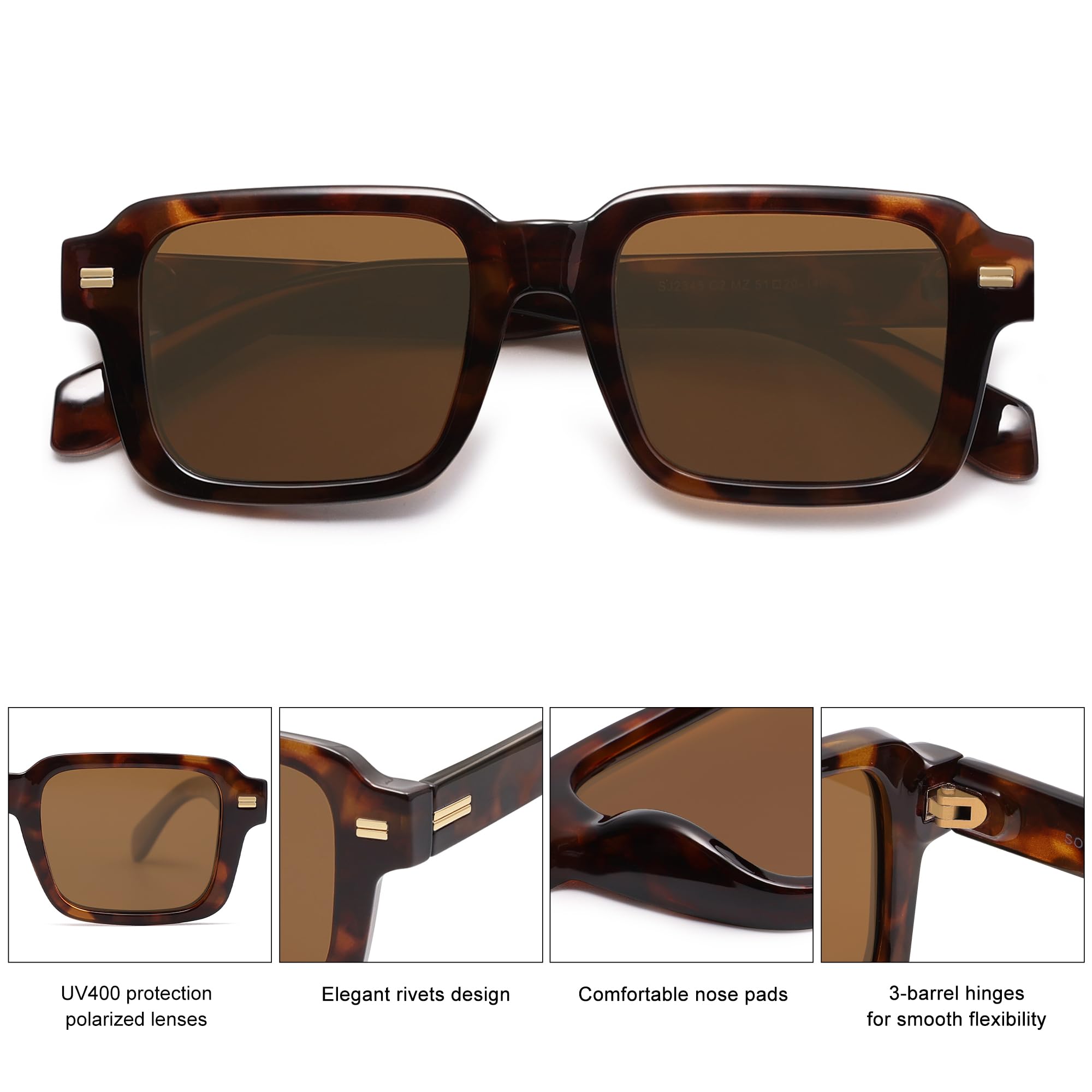 SOJOS Trendy Square Polarized Sunglasses for Men Women, 70s 80s Retro Vintage Rectangle Shades SJ2345