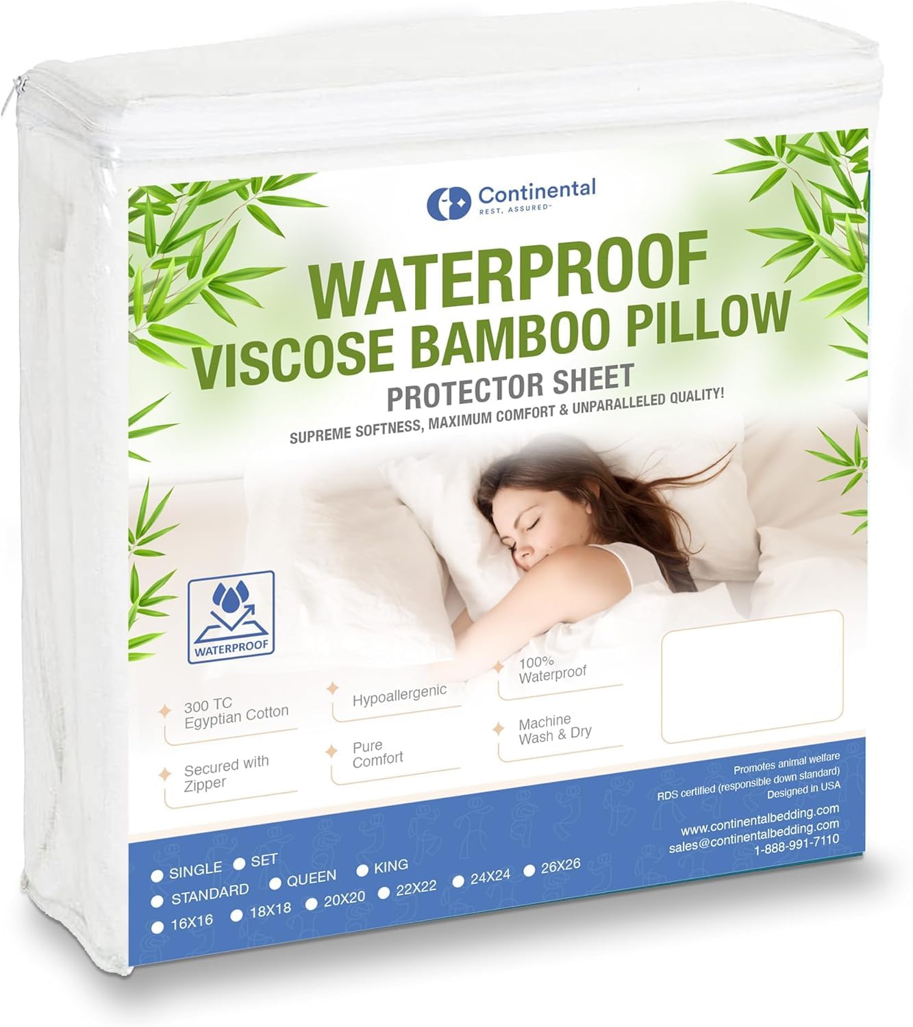 Continental Bedding Feather Proof, Waterproof and Down Proof Luxury Zippered Viscose Derived from Bamboo Pillow Protectors: Silky Smooth Comfort for Enhanced Sleep Size 20" x 20" Pack of 1