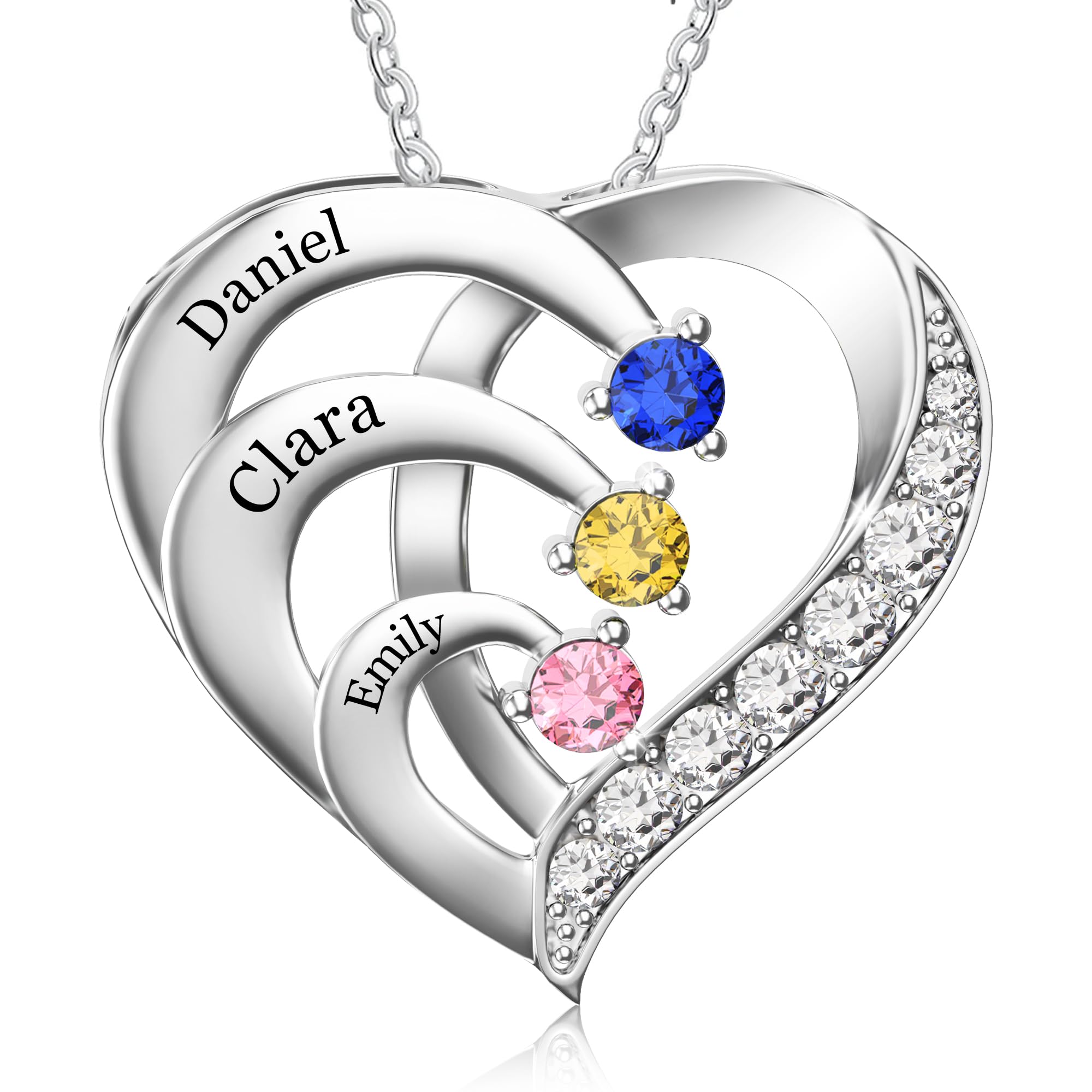 Easycosy Personalized 3 Names Necklace with Simulated Birthstones Custom Promise Necklace Heart Pendant with Engraved Names - Anniversary Birthday Christmas Jewelry Gifts for Women Mom Grandma Wife
