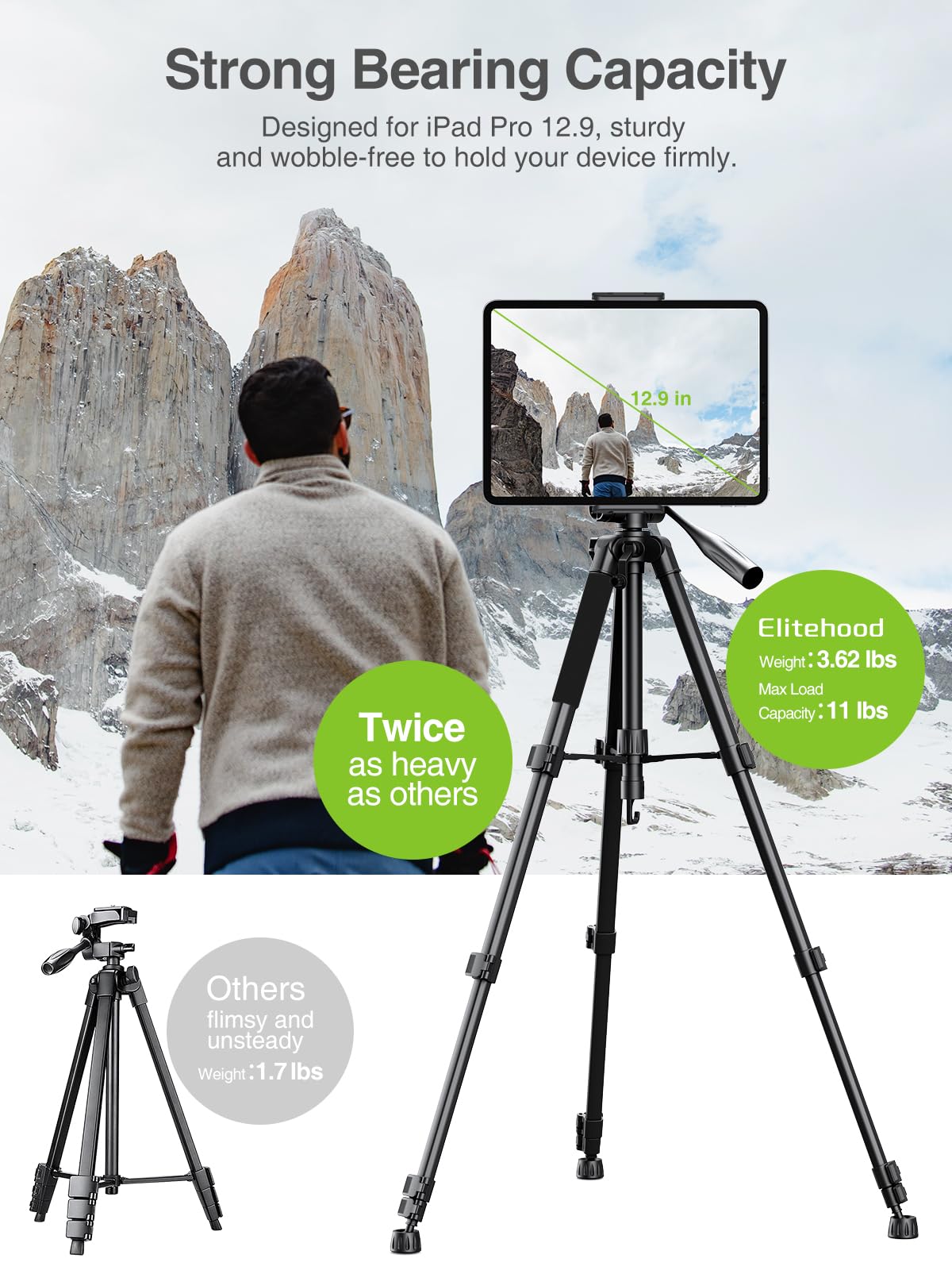 Elitehood 68" Heavy Duty iPad Tripod, Ultra-Stable Camera Tripod for iPad Pro 12.9, iPad Stand Mount for Video Recording/Photography, Compatible with 4.7-13inch Tablet/iPad Pro/Webcam/DSLR