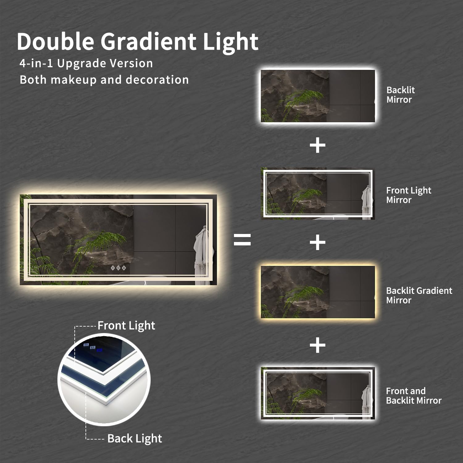 VanPokins Ligthed Bathroom Mirror, 60x28 Inch Gradient Front and Backlit LED Bathroom Mirror, 3 Colors Dimmable CRI>90 Double Lights, IP54 Enhanced Anti-Fog, Hanging Plates Wall Mount LED Mirror