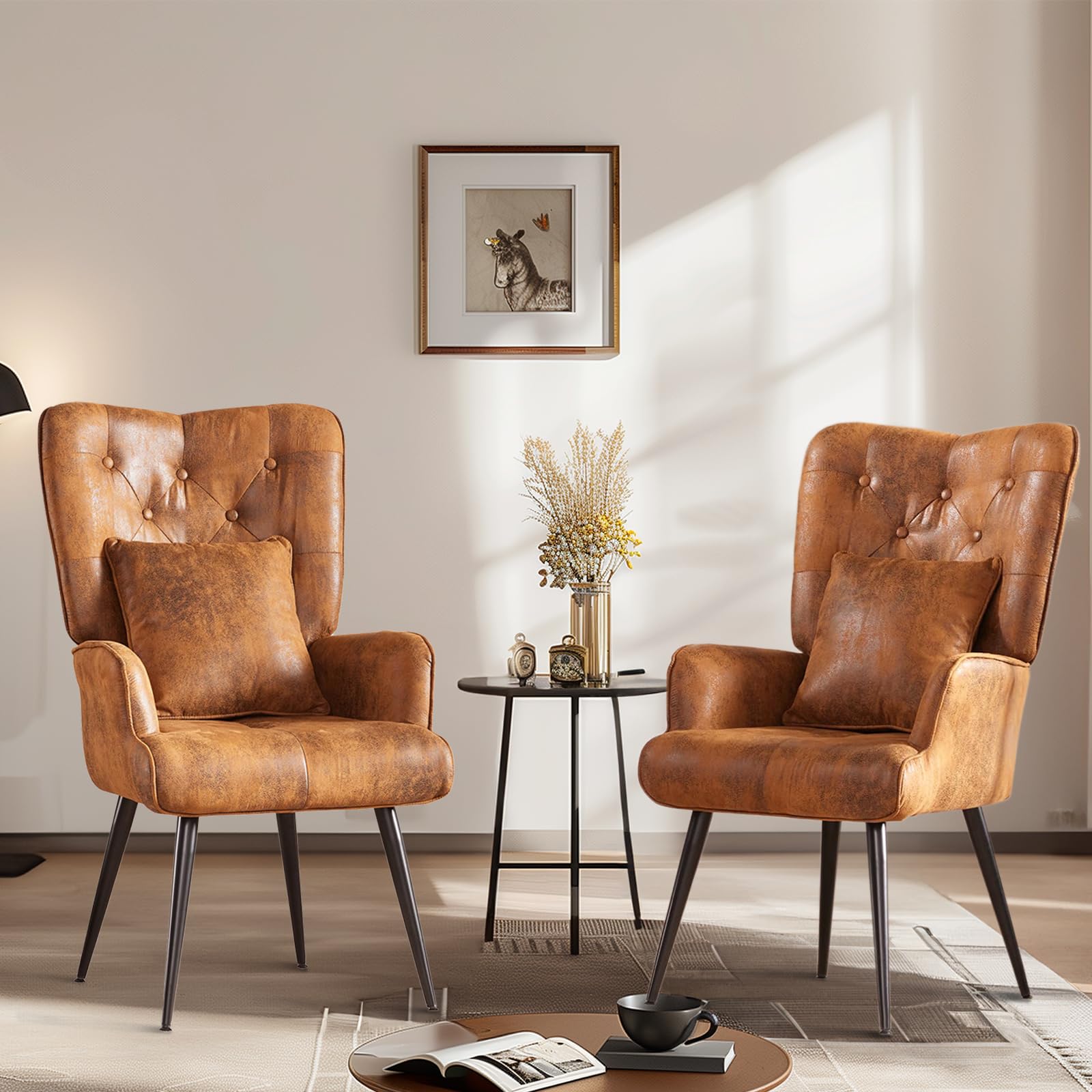 yoyomax Accent Wingback Pillow and Arm, Mid Century Tall Back, Vintage Comfy Upholstered Reading Chair for Living, Bedroom, Dining Room, 40 in, Suede Brown