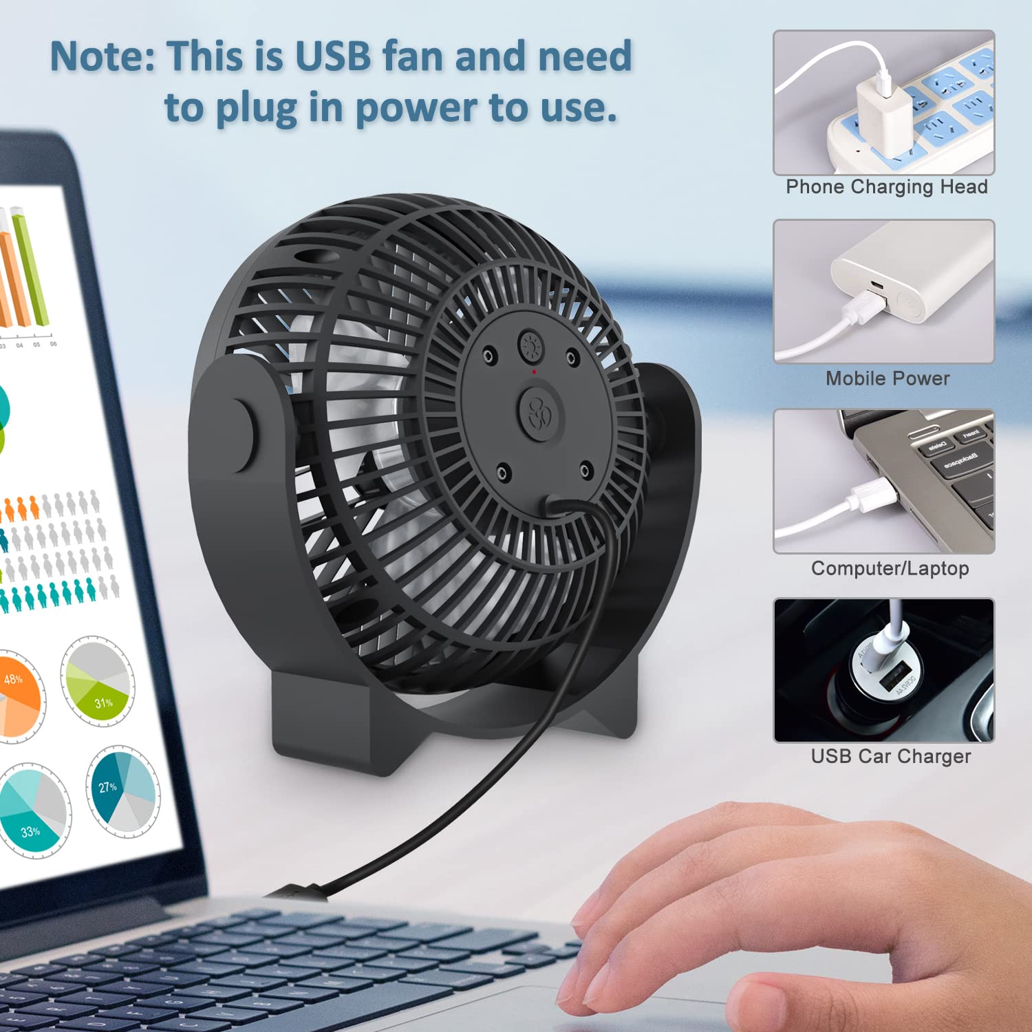 GagetElec USB Desk Fan with LED Night Lights,3 Speeds Quiet Personal Mini Table Fan,360°Rotation Strong Wind Cooling Fan,Small Desktop Fan for Home Office Desktop Office Table 5.3 Inch (T5-07)