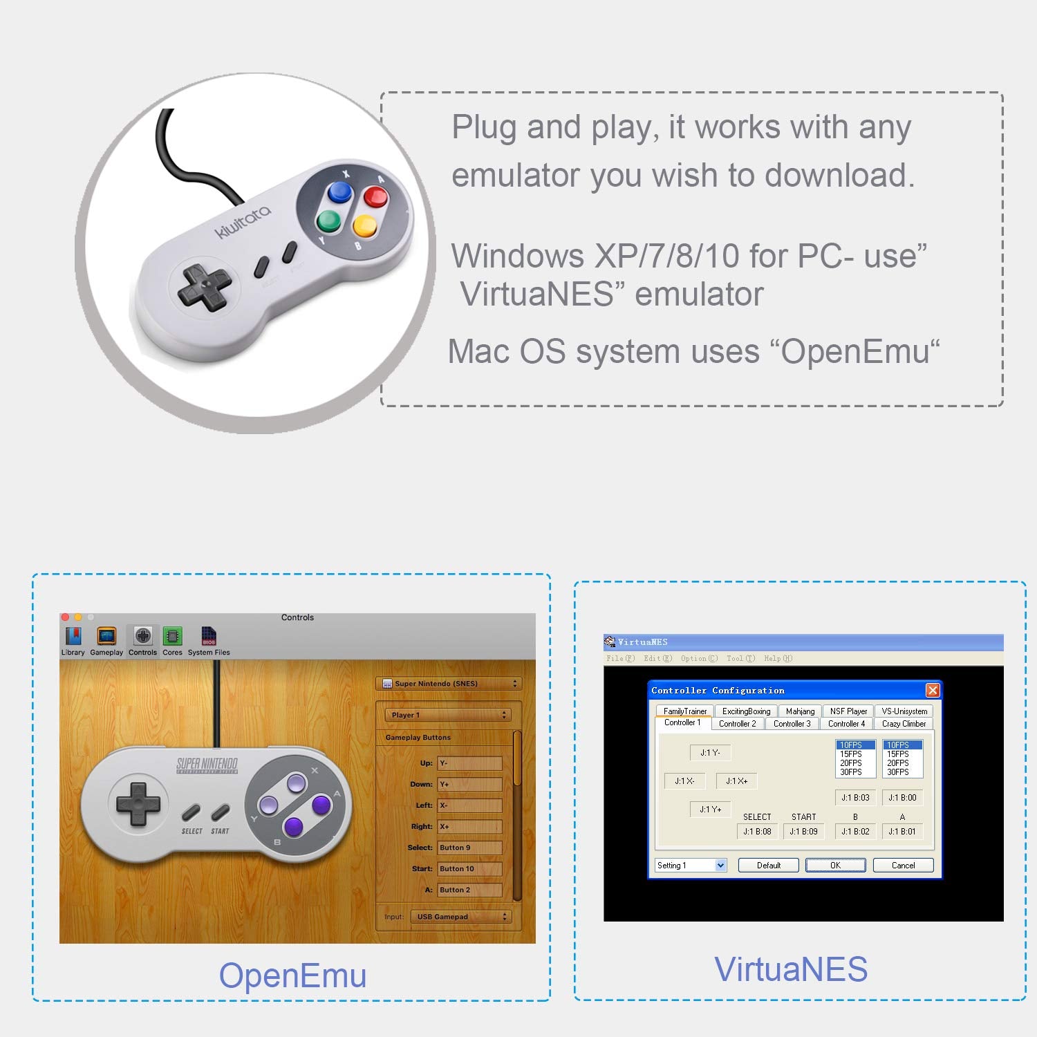 KIWITATA 2X Classic SNES USB Controller for Retro Gamings, SNES Wired USB Joypad Game Controller for Windows PC Mac Raspberry Pi