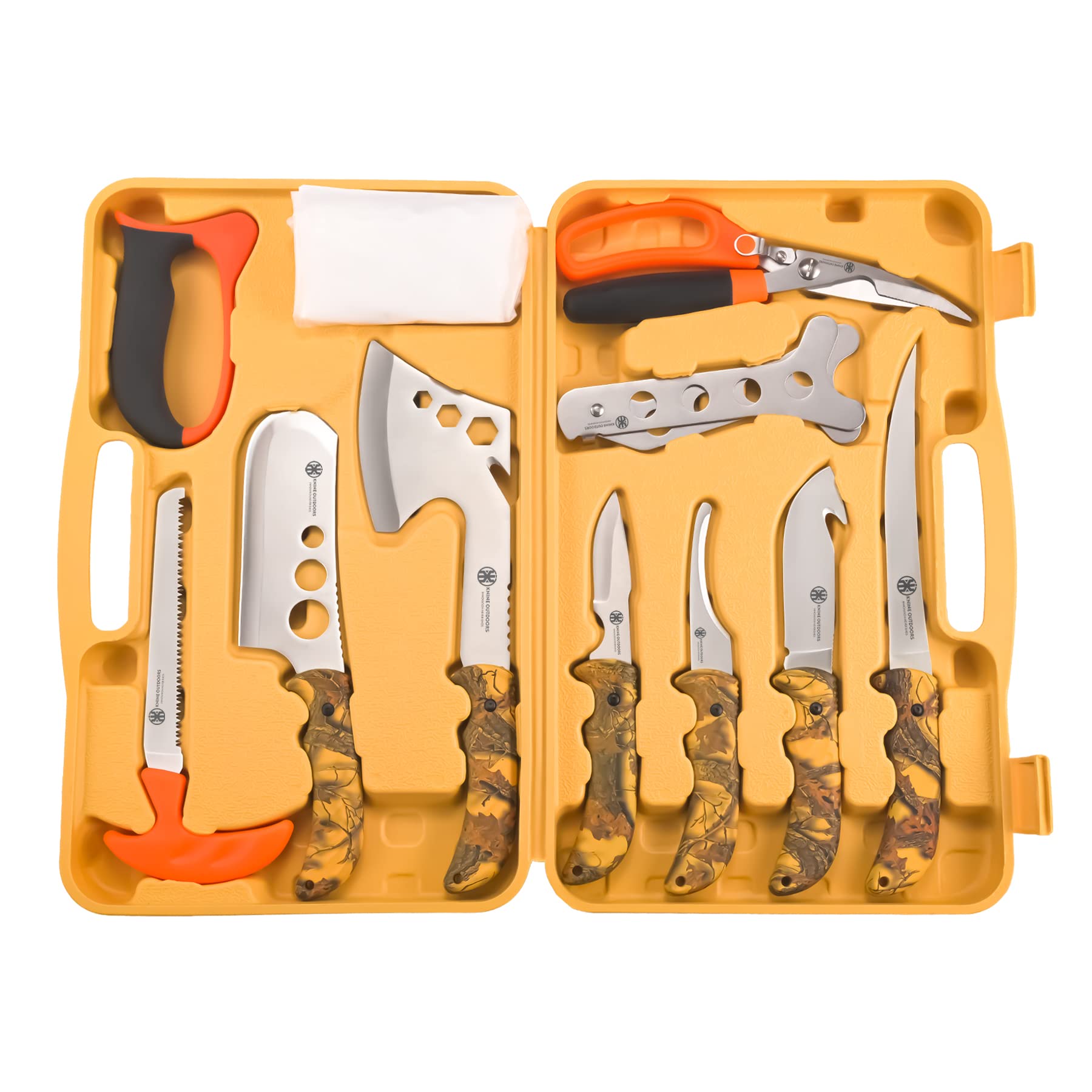 KNINE OUTDOORS Hunting Deer Knife Set Yellow Handle Field Dressing Kit Portable Butcher Game Processor Set, 12 Pieces