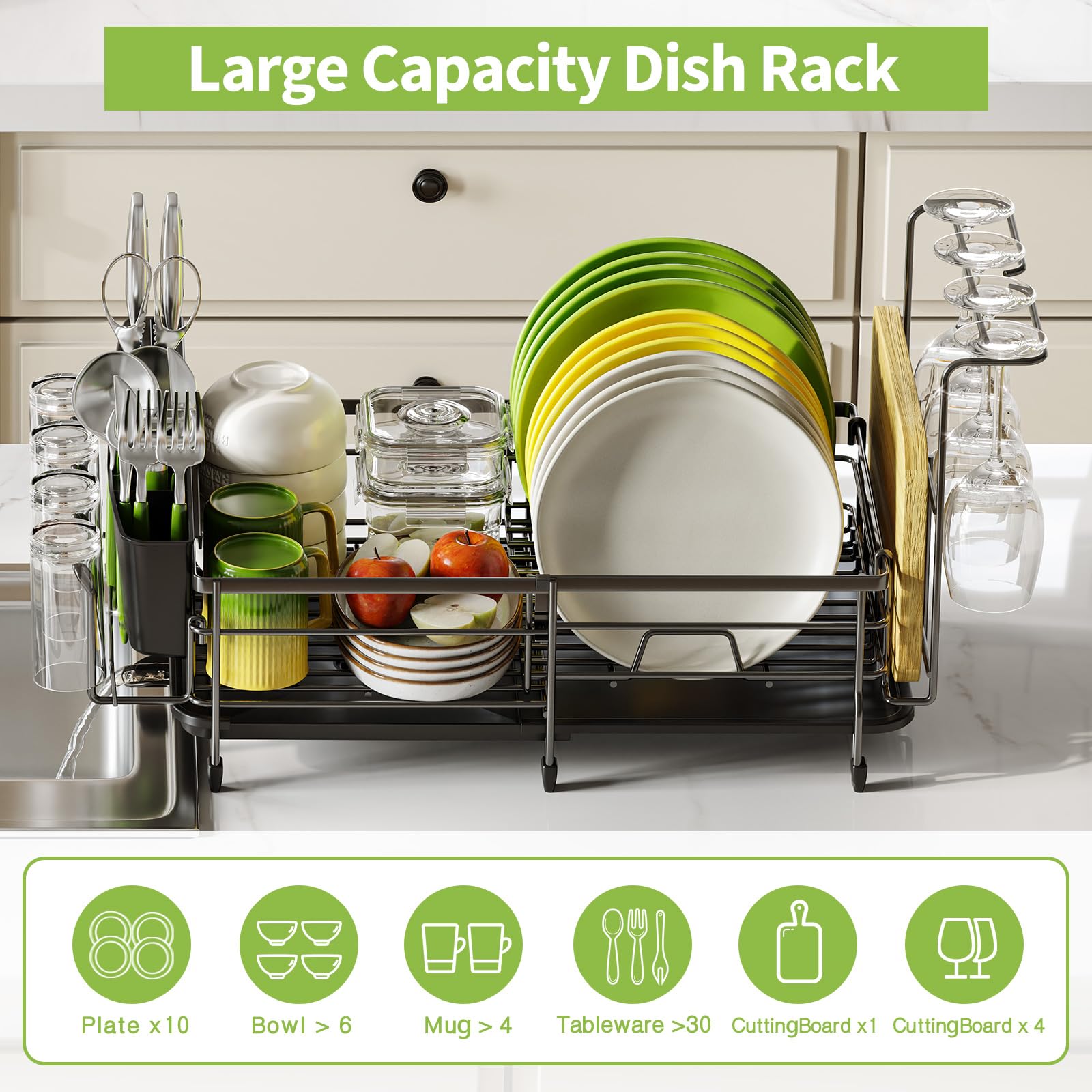 Urackify Expandable Dish Drying Rack for Kitchen Counter, Large Adjustable Dish Rack with Wine Glass and Cutlery Holder, Anti-Rust Dish Drainer with Swivel Drainage Spout