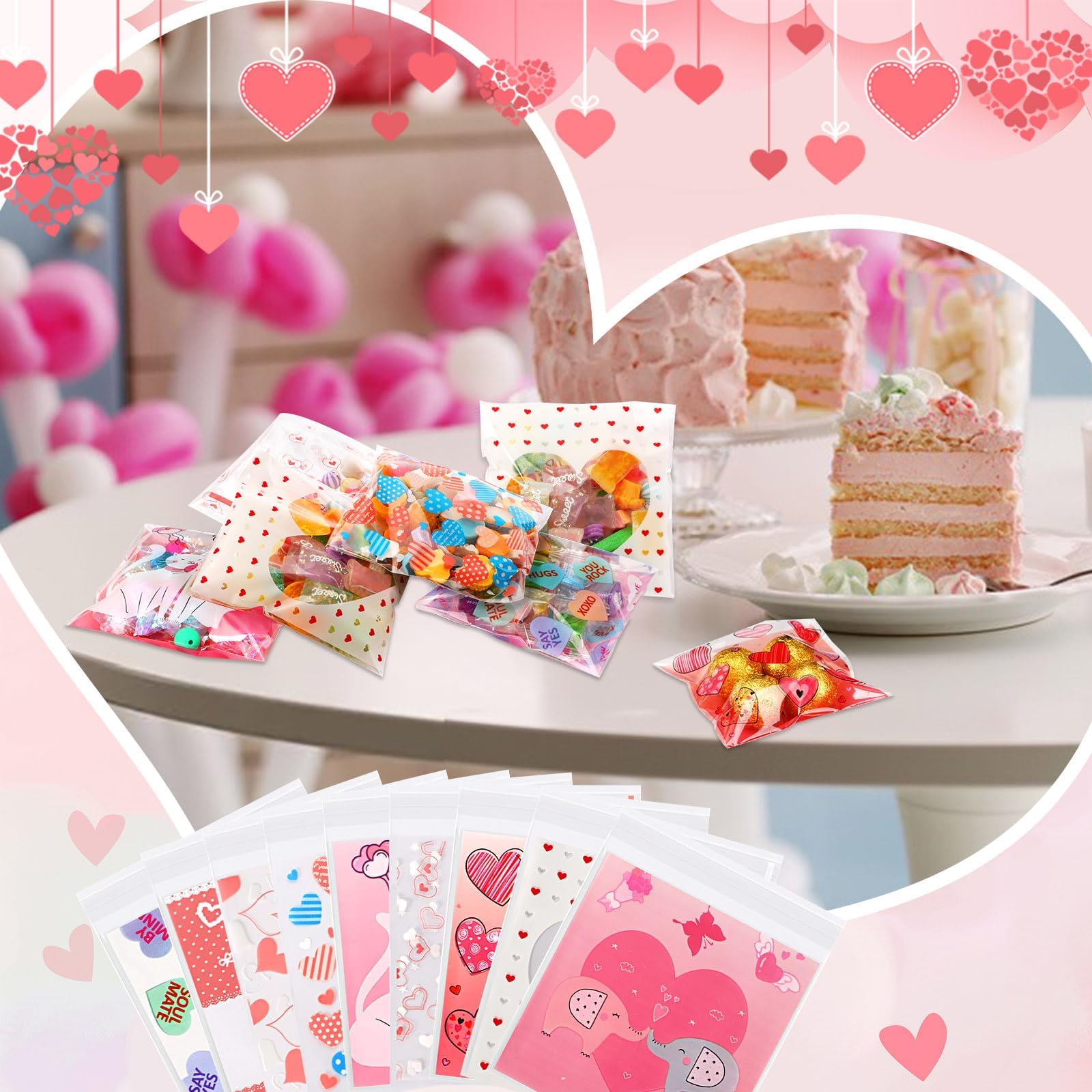 FEBSNOW 450 PCS Valentines Cellophane Bags Heart Self-adhesive Candy Bags Clear Plastic Cookie Treat Bags for Valentine's Day Holiday Party Gift Decoration Supplies Favor (9 Styles)