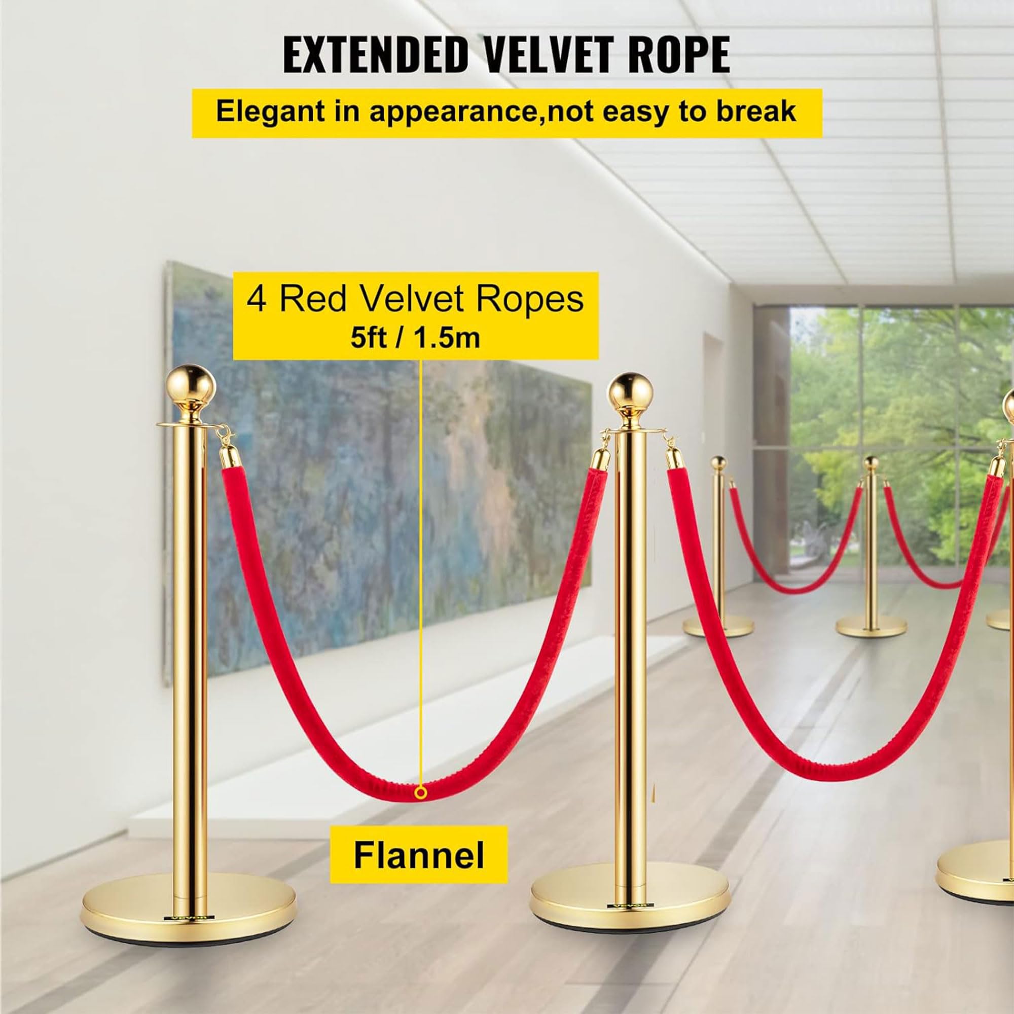 Vevor Velvet Ropes and Stanchion Post with Ball Top and Four Way Connection for Crowd Control Barriers, Safety, and Protection, Gold