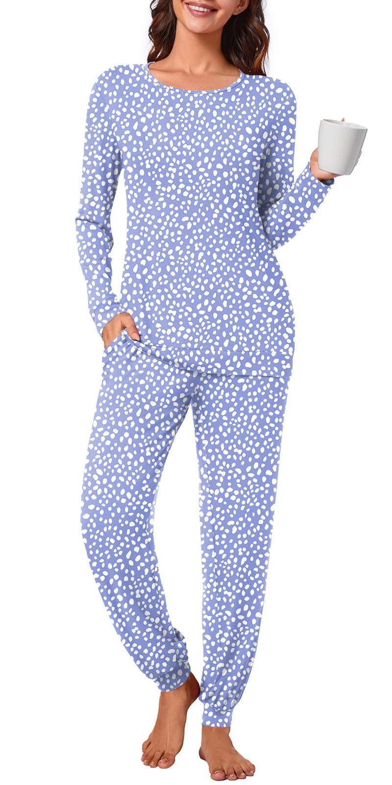 syoss Womens Pajama Set Long Sleeve Sleepwear Fall Round Neck Nightwear Soft Pjs 2 Piece Lounge Sets with Pockets L, Spotted Blue