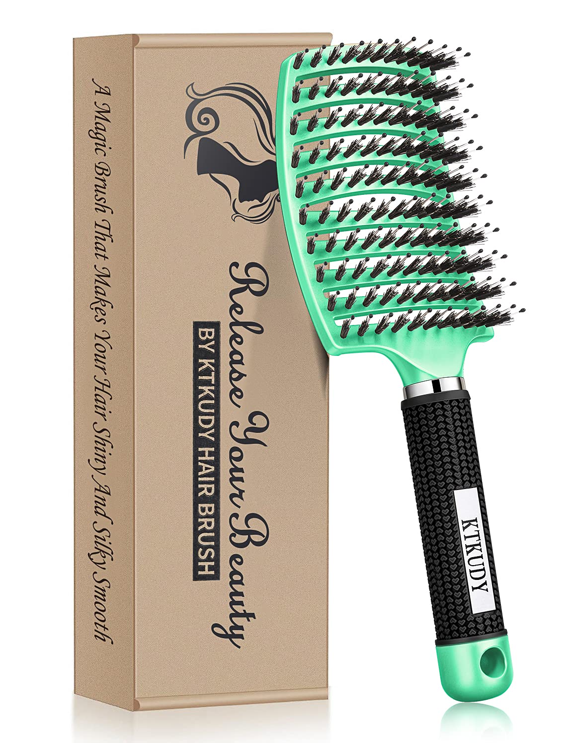 KTKUDY Detangling Brush Boar Bristles Hair Brush Make Hair Shiny & Healthier Curved and Vented Detangler Brush for Women Men Kids Wet & Dry Hair (Light green)