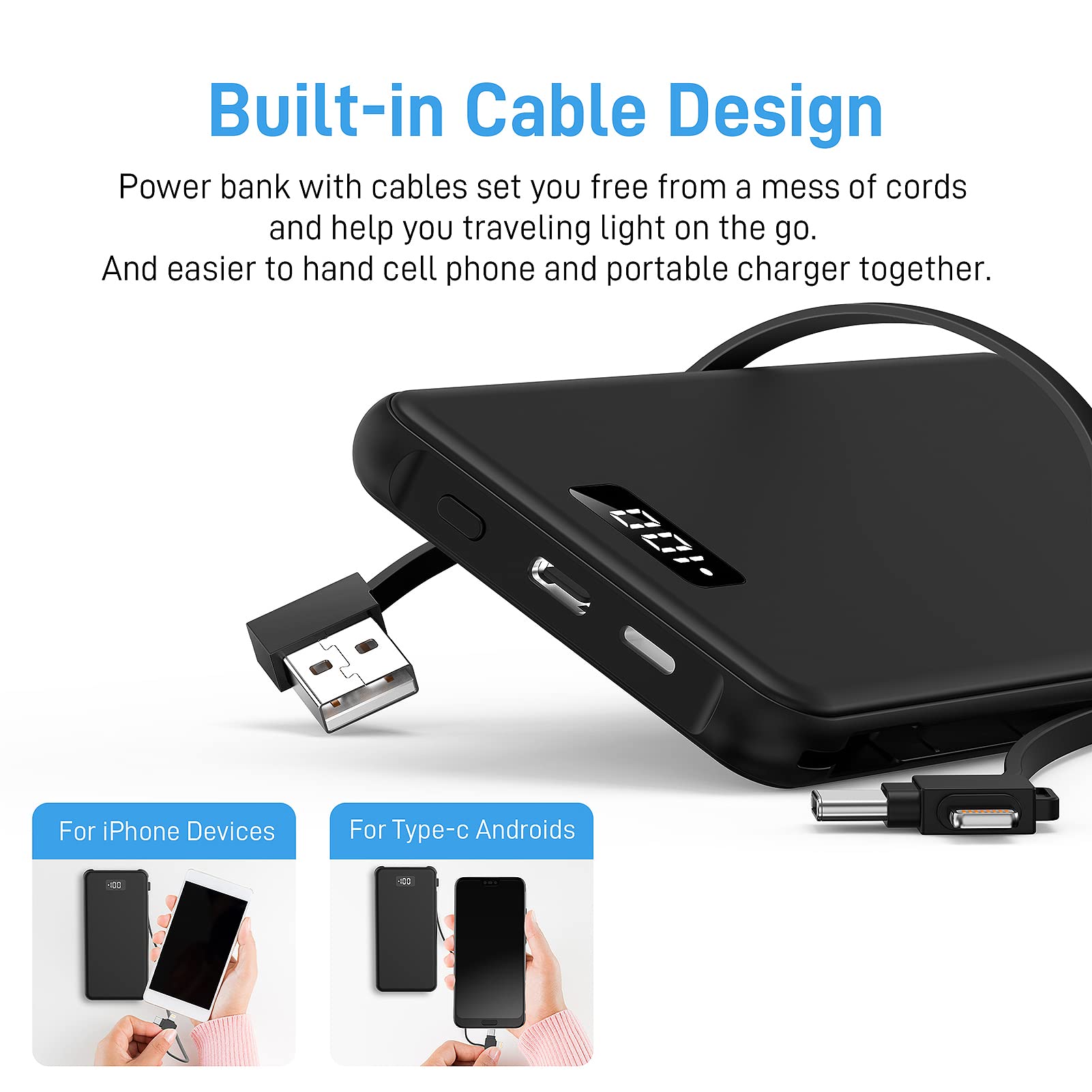 TNTOR Portable Charger Slim 10000mAh Battery Pack with Built in Lightning and USB-C Cable, LED Digital Display Fast Charging Power Bank Compatible with iPhone15 14 13 12 11 X 8 Samsung Google Pixel LG