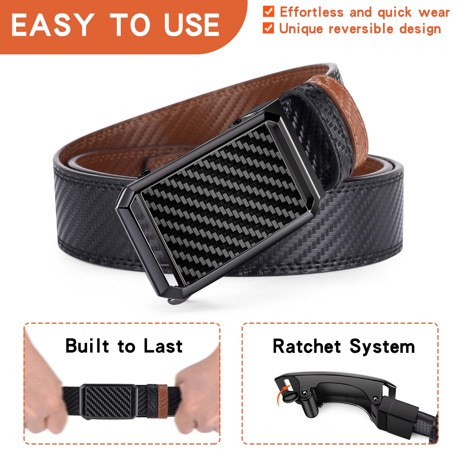 MACBORO Men's Two-in-One Black and Brown Leather Reversible Ratchet Buckle Belt