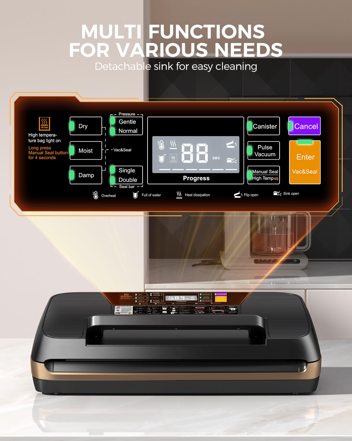 95kpa Vacuum Sealer Machine, Commercial Full Automatic Food Sealer, Food Vacuum Sealing Machine with Cutter, 10 Pre-cut Bags & Bag Rolls and Accessory Hose, Fully Starter Kits,Glod