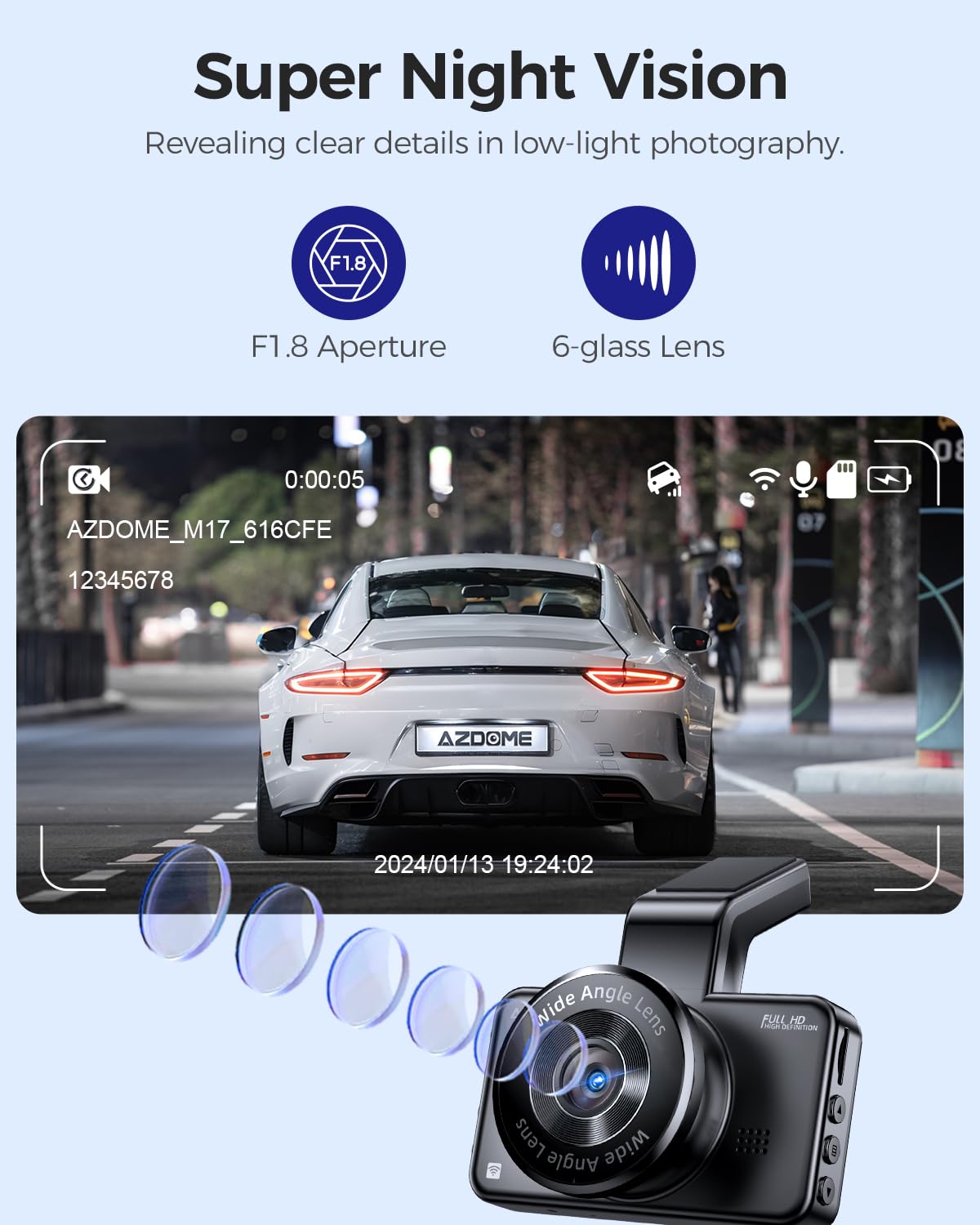 AZDOME M17 WiFi Dash Cam, FHD 1080P Car Driving Recorder, 3" Screen Dashboard Camera 150° Wide Angle, Smart Dash Camera with Driving Assistant ADAS, G-Sensor Loop Recording Night Vision Parking Mode