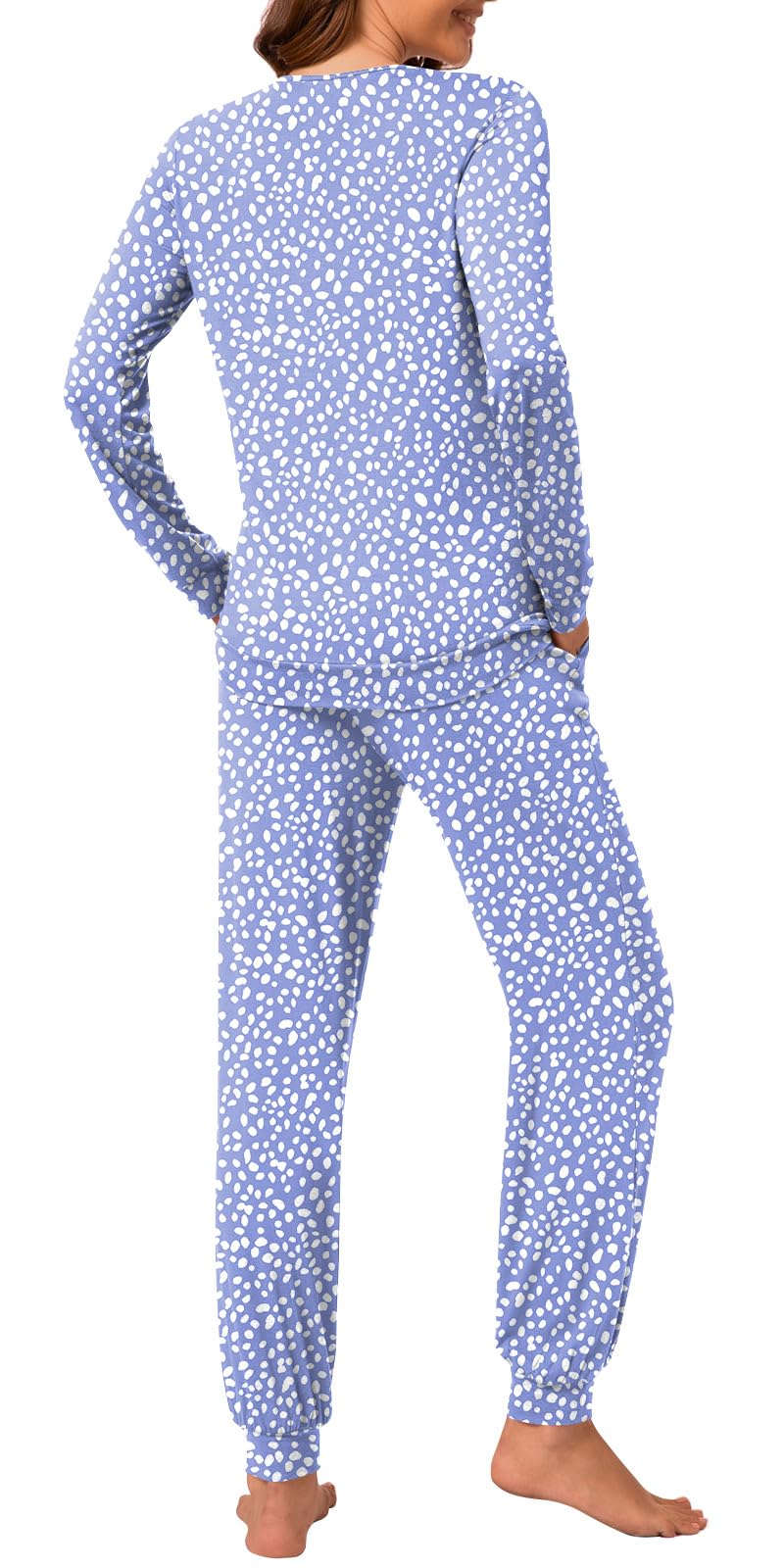 syoss Womens Pajama Set Long Sleeve Sleepwear Fall Round Neck Nightwear Soft Pjs 2 Piece Lounge Sets with Pockets L, Spotted Blue