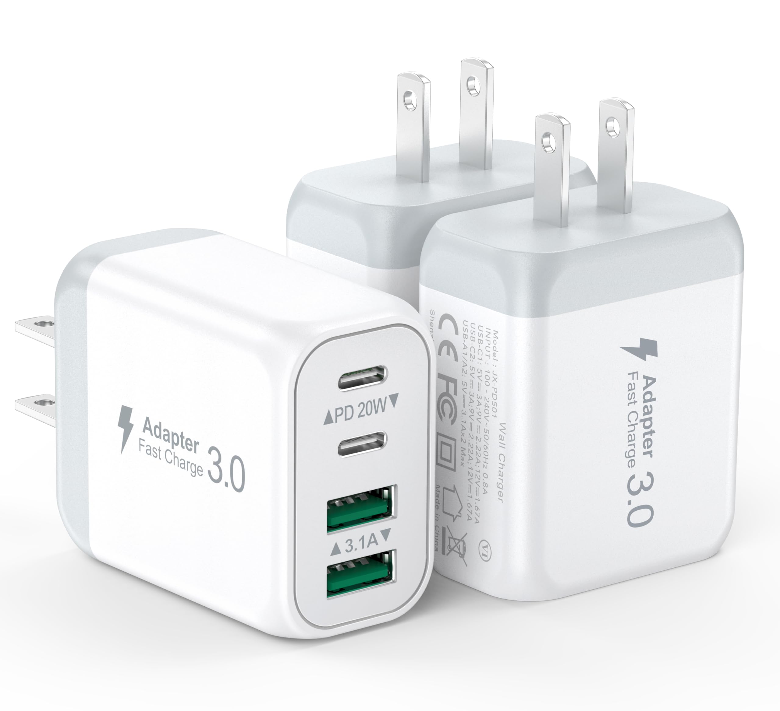 3 Pack USB Wall Charger,Fast USB C Charger Block 4 Port PD Power Adapter,QC Wall Plug Multiport Type C Charging Cube for iPhone 16 15 Plus 14 Pro Max 14 Pro 13 12 11, AirPods4,watch10 ultra2