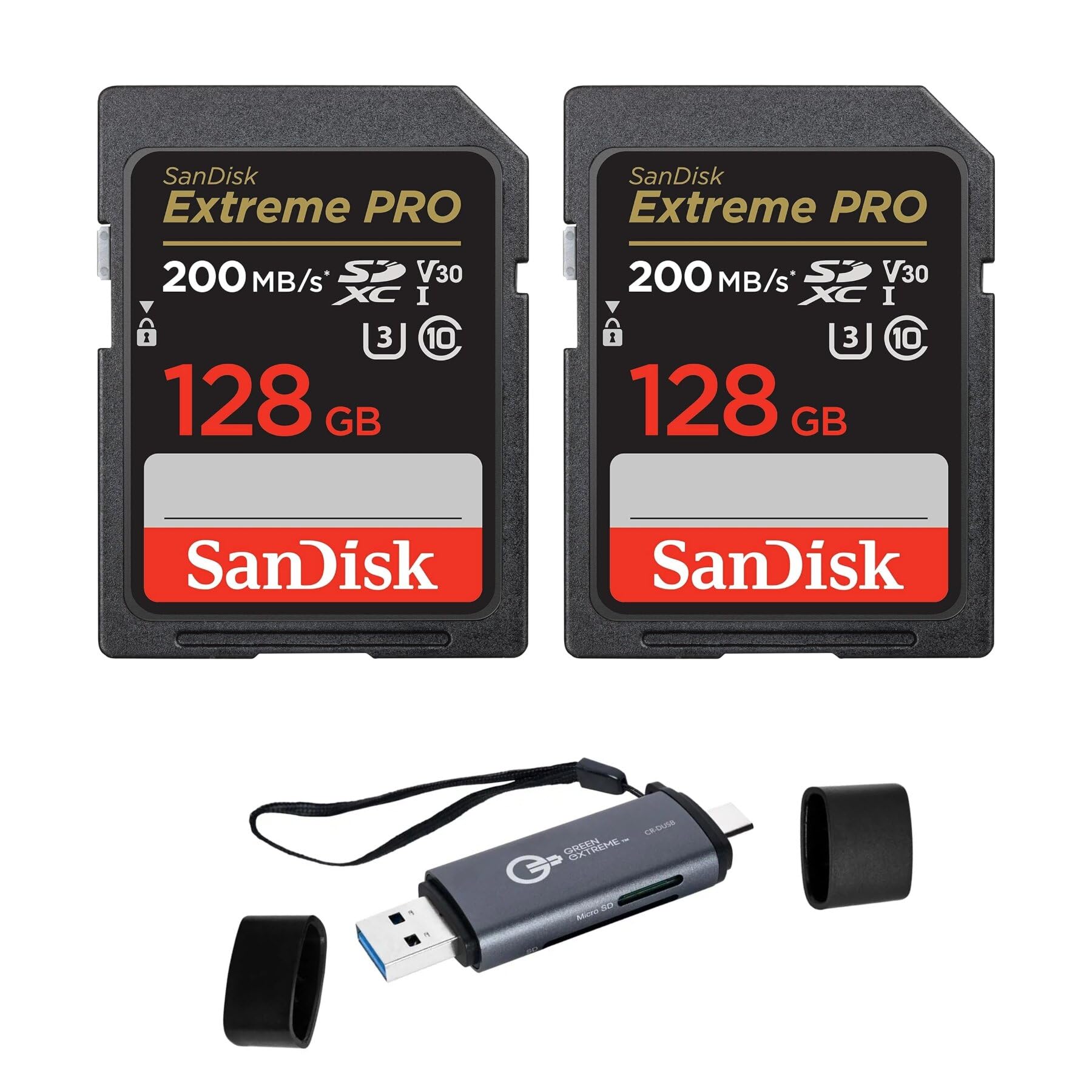 SanDisk Extreme PRO 128GB 2-Pack UHS-I U3 SDXC Memory Card + Green Extreme USB 3.0 Type-A and Type-C OTG Card Reader