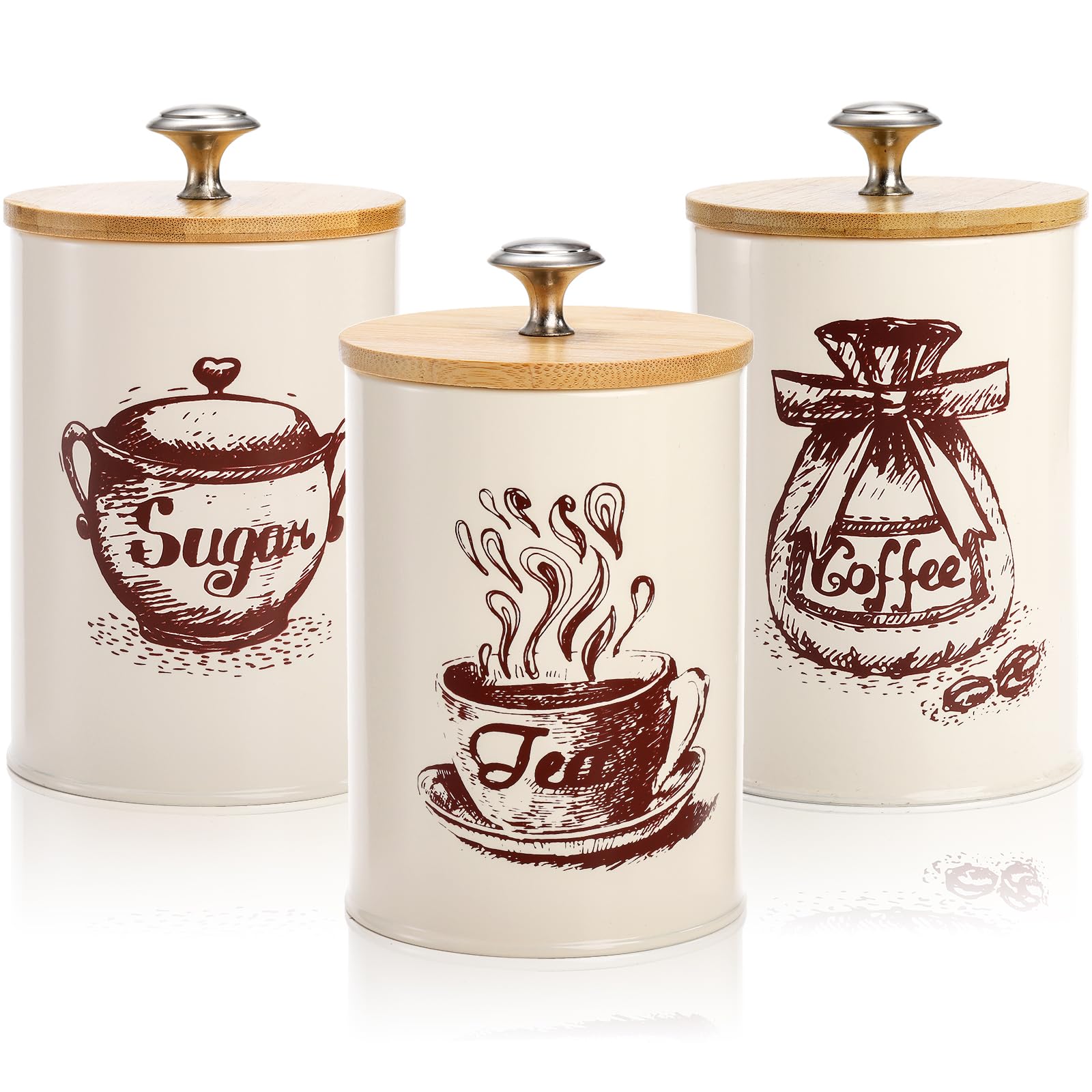 Youeon Small Canister Sets for Kitchen Counter, 25 Oz Coffee Sugar Tea Canister Set, Metal Vintage Kitchen Container 3 Pack, Food Storage Containers with Bamboo Lid, Farmhouse Decor, Beige