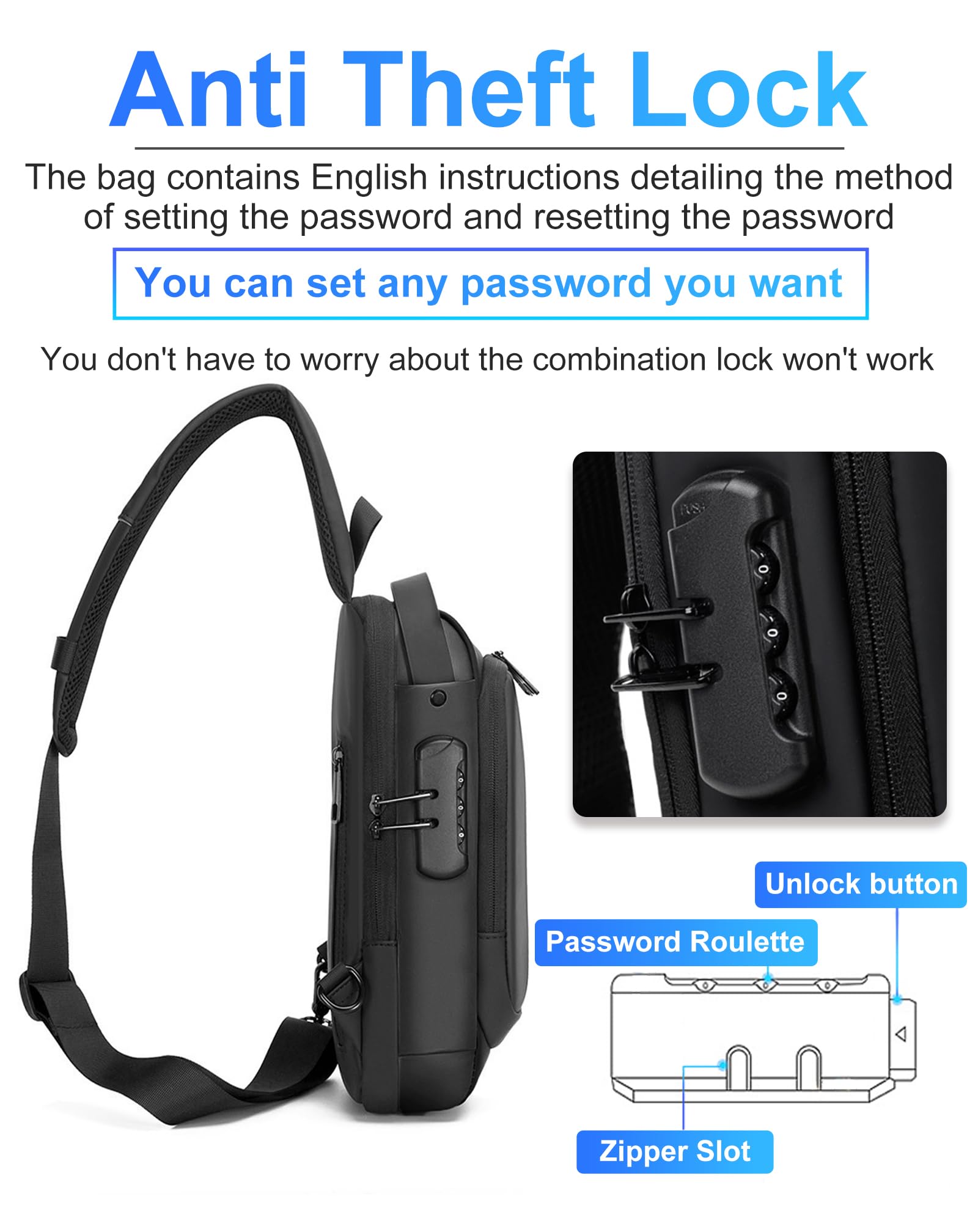 Geanbun Sling Bag for Men Anti-Theft USB Crossbody Backpack Waterproof Chest Daypack Lightweight Shoulder Bag (Black)