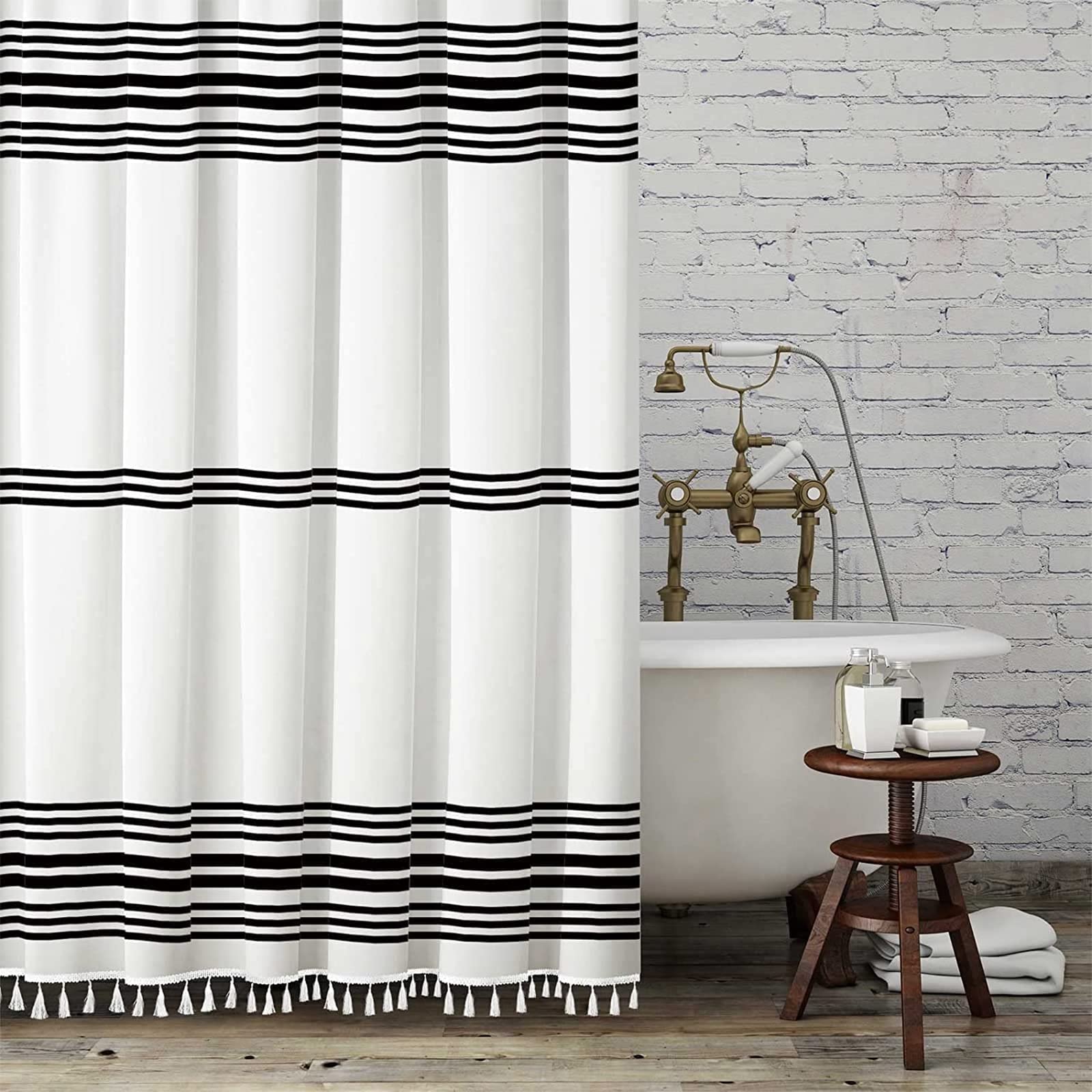 Seasonwood Black and White Shower Curtain with Tassels,Farmhouse Fabric for Bathroom,Heavy Weighted, 72 x 72