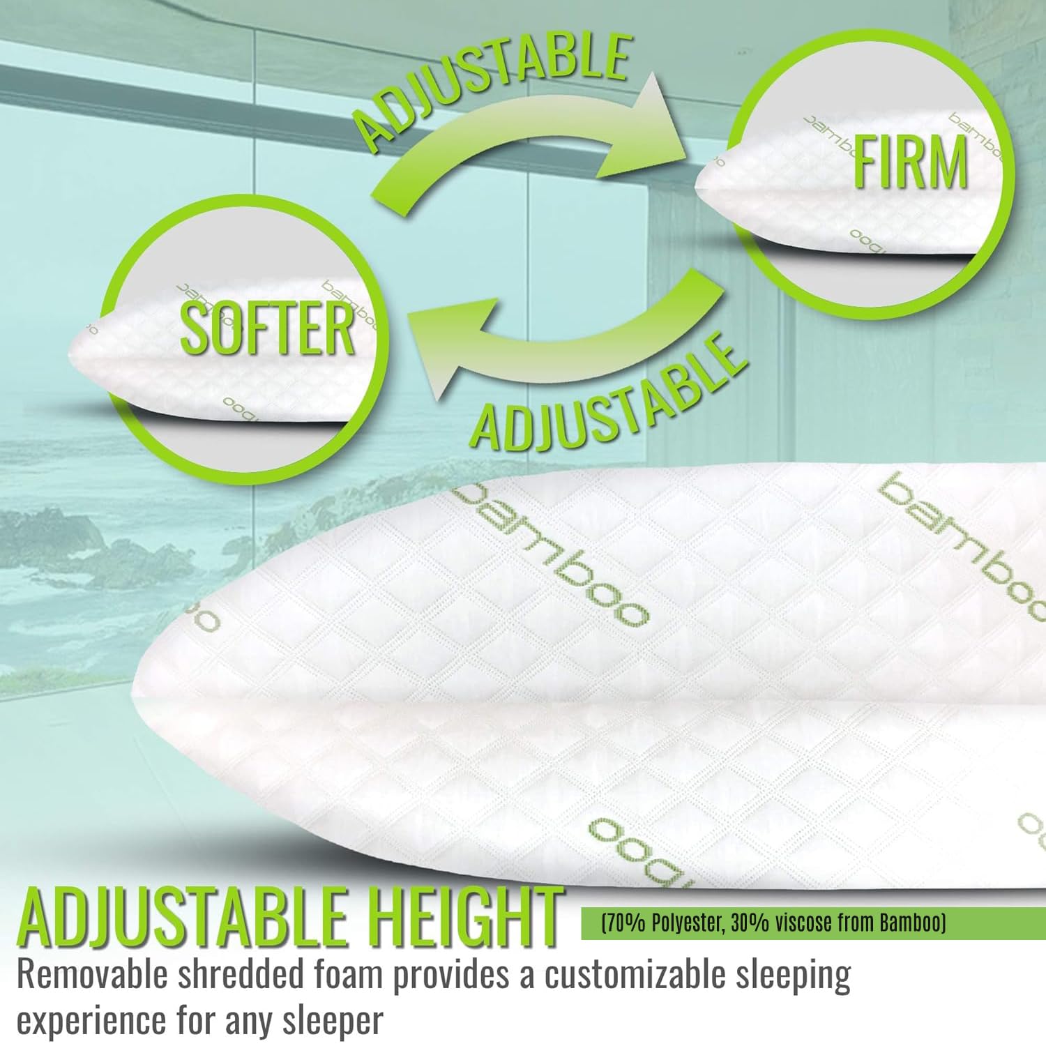 ik King Size Rayon Derived from Bamboo Pillow - Set of 2 Adjustable Shredded Memory Foam Pillows Neck Support Sleeping Pillow for Side, Back & Stomach Sleepers with Washable Cover (35x20)