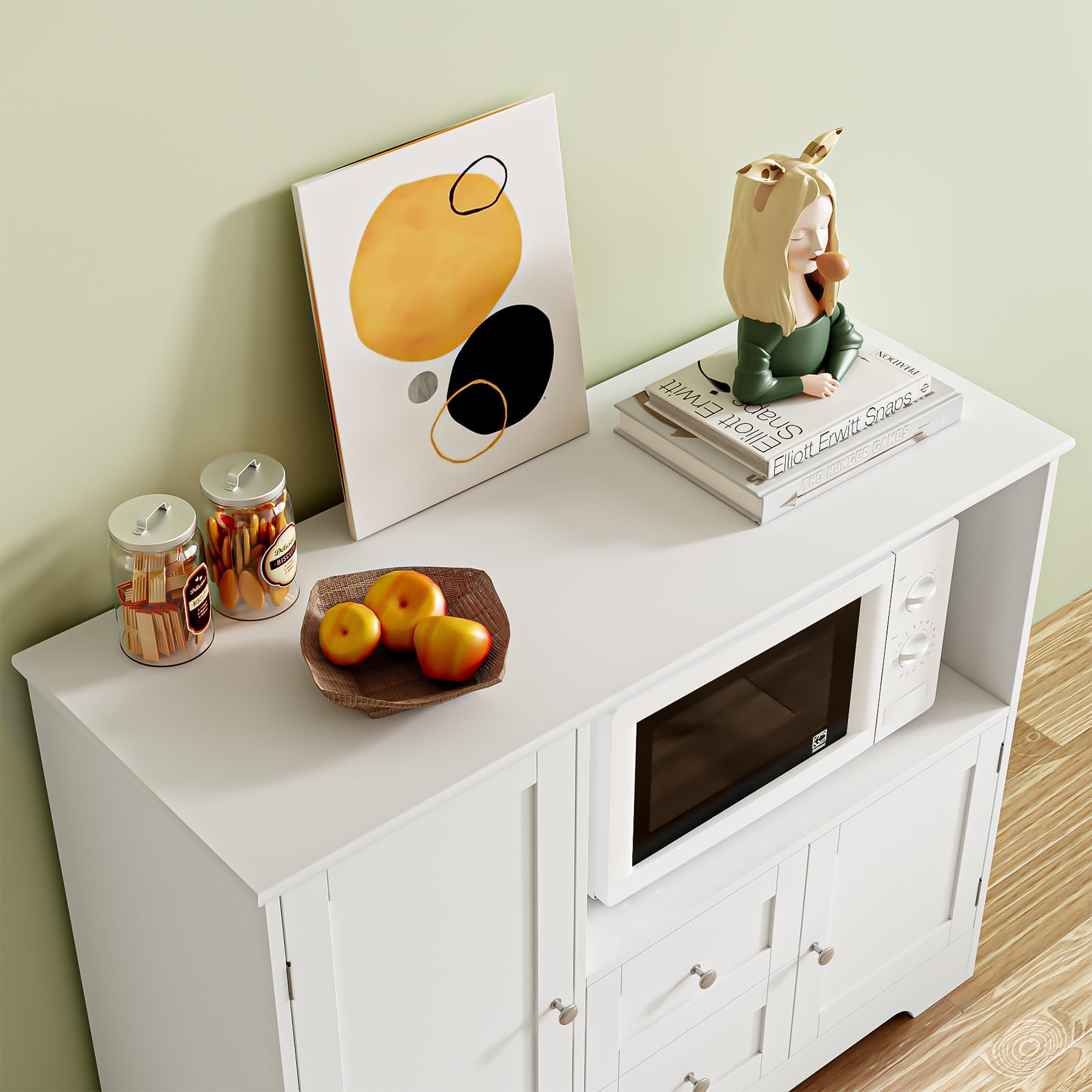 BOTLOG Buffet Cabinet with Microwave Stand, Kitchen Storage Cabinet with Door Shelf, Drawers and Adjustable Shelf, Kitchen Sideboard Cabinet with Storage Cabinet White Painted