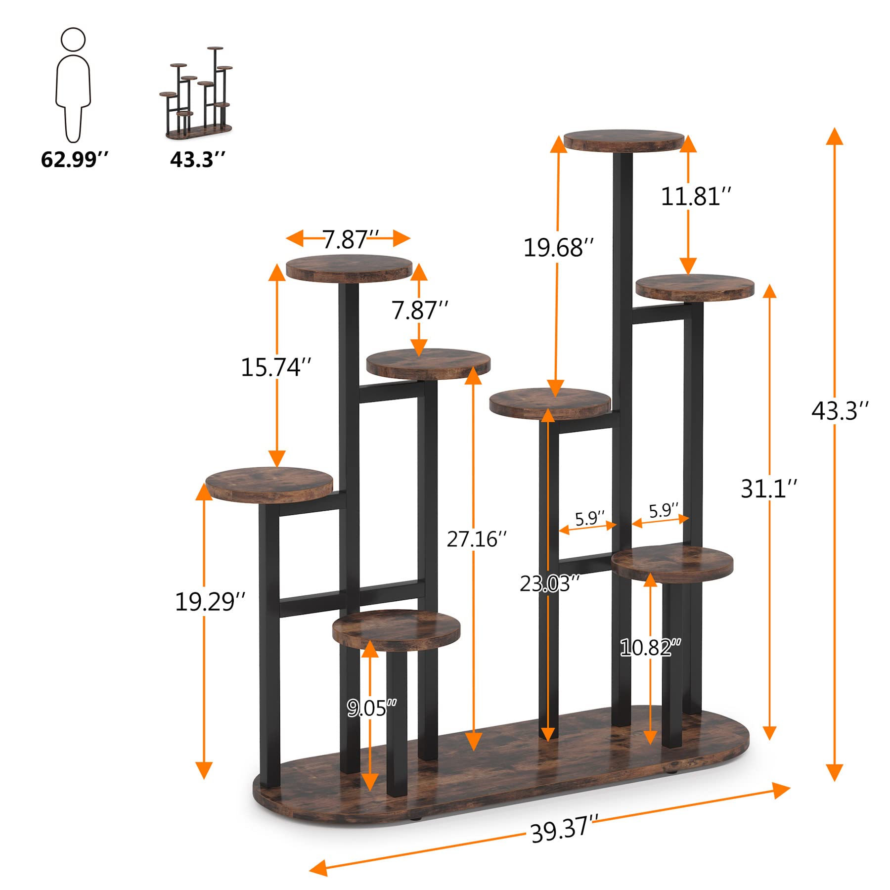 LITTLE TREE Multi-Tiered 11 Potted Plant Stand Indoor Tall Plant Shelf Flower Stands Plant Rack for Garden Balcony Living Room, Rustic Brown