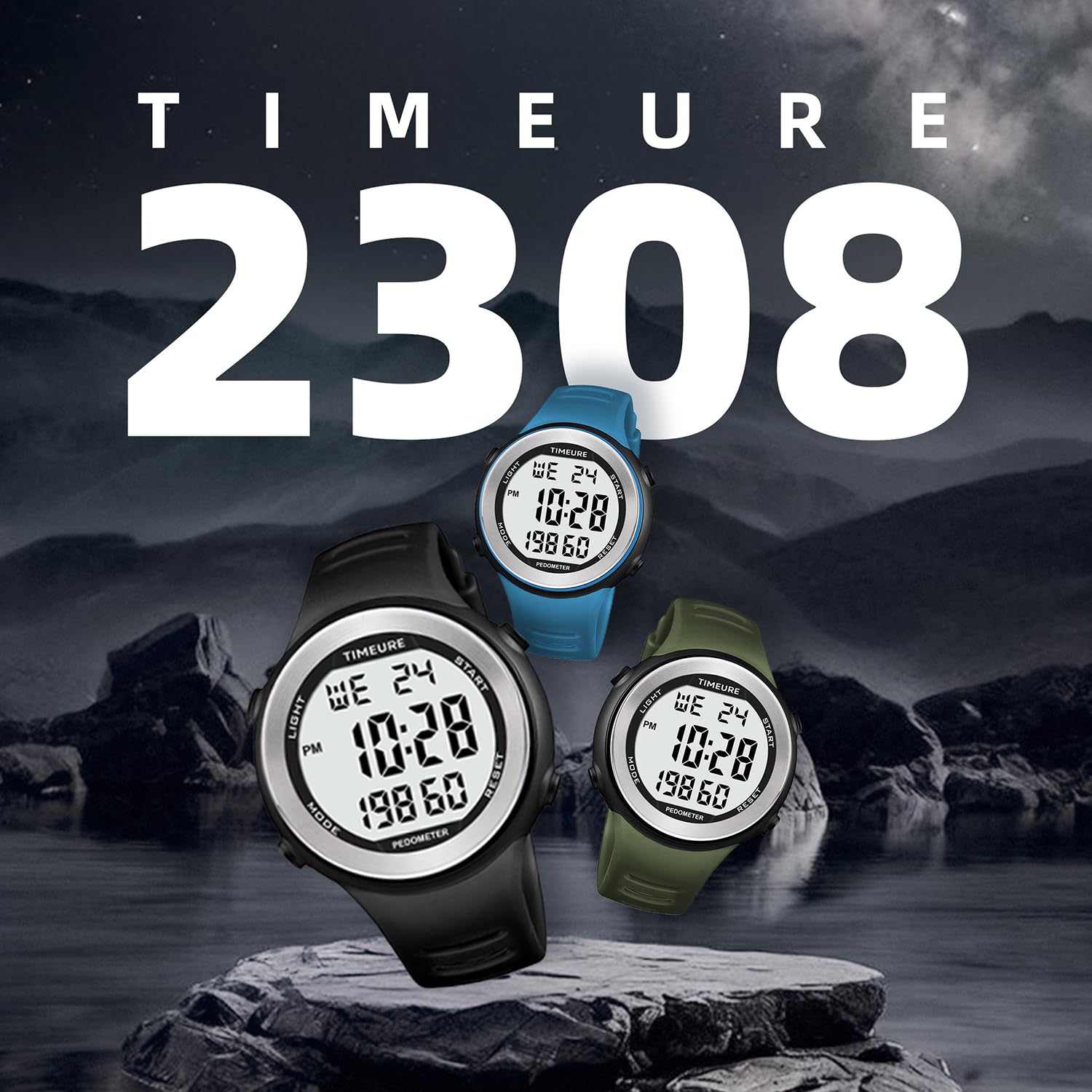 Mens Pedometer Watch for Walking Step Counter Watch No Charging, No App Connection, with EL Backlight. Simple, Practical Choice for Mobile-Free Fitness Enthusiasts TIMEURE-2308 (Black)