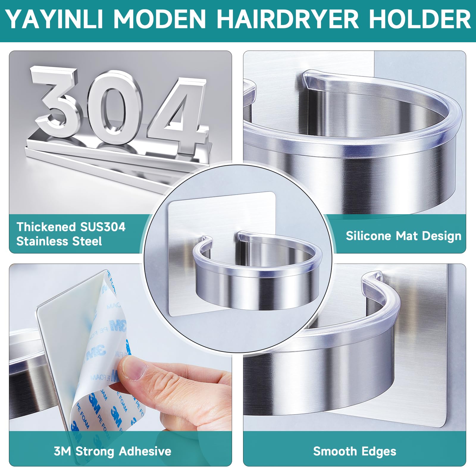 YAYINLI Hair Dryer Holder Wall Mount, Blow Dryer Holder Wall, Adhesive Hair Dryer Hanger, Blow Dryer Organizer, Hair Tools Organizer for Bathroom Salon Barber Shop Hotel (Silver)