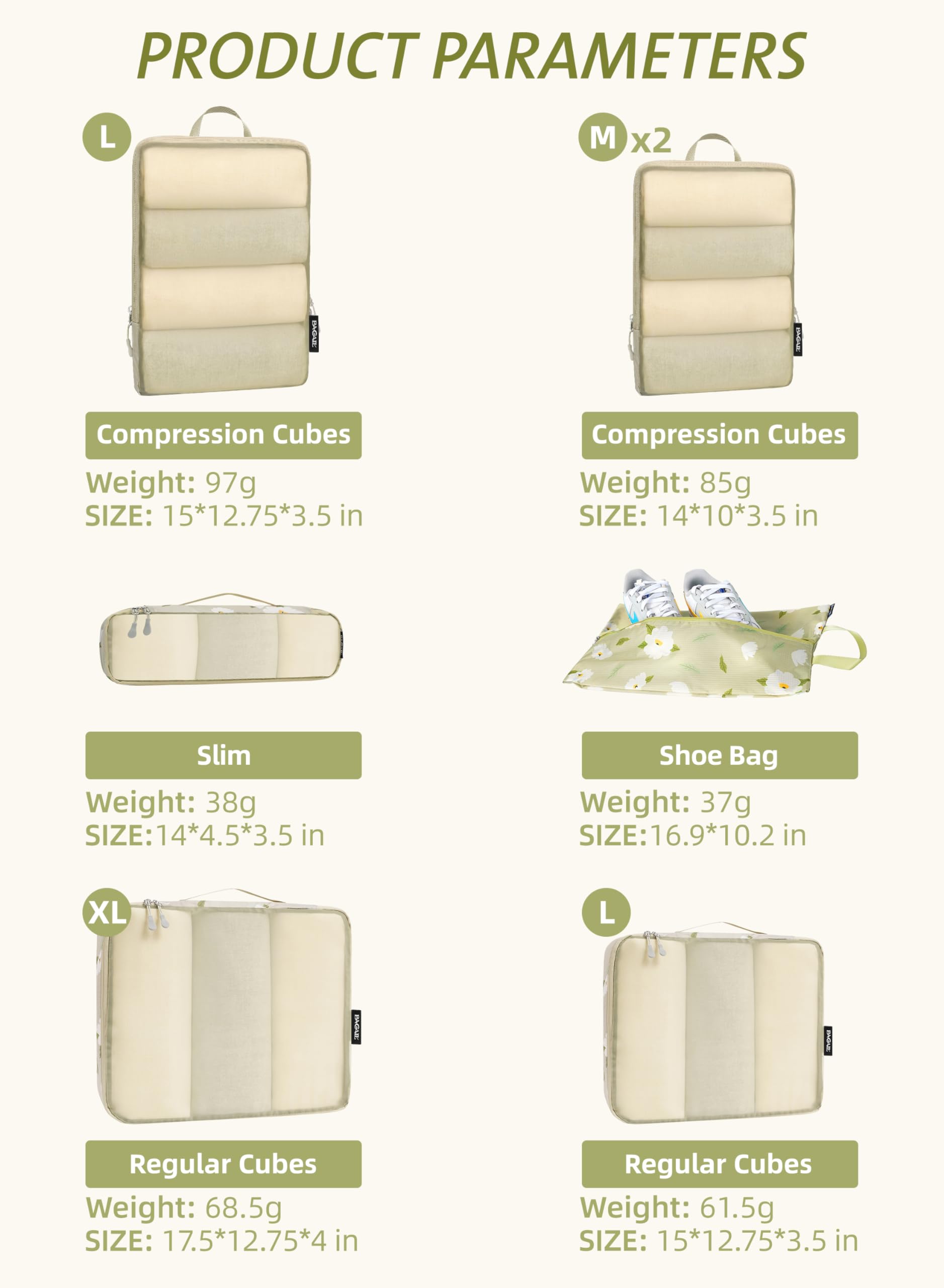Bagail Ultralight Packing Cubes 7 Set, 3 Compression Packing Cubes 3 Packing Organizers With 1 Shoe Bag-Flower Mesh