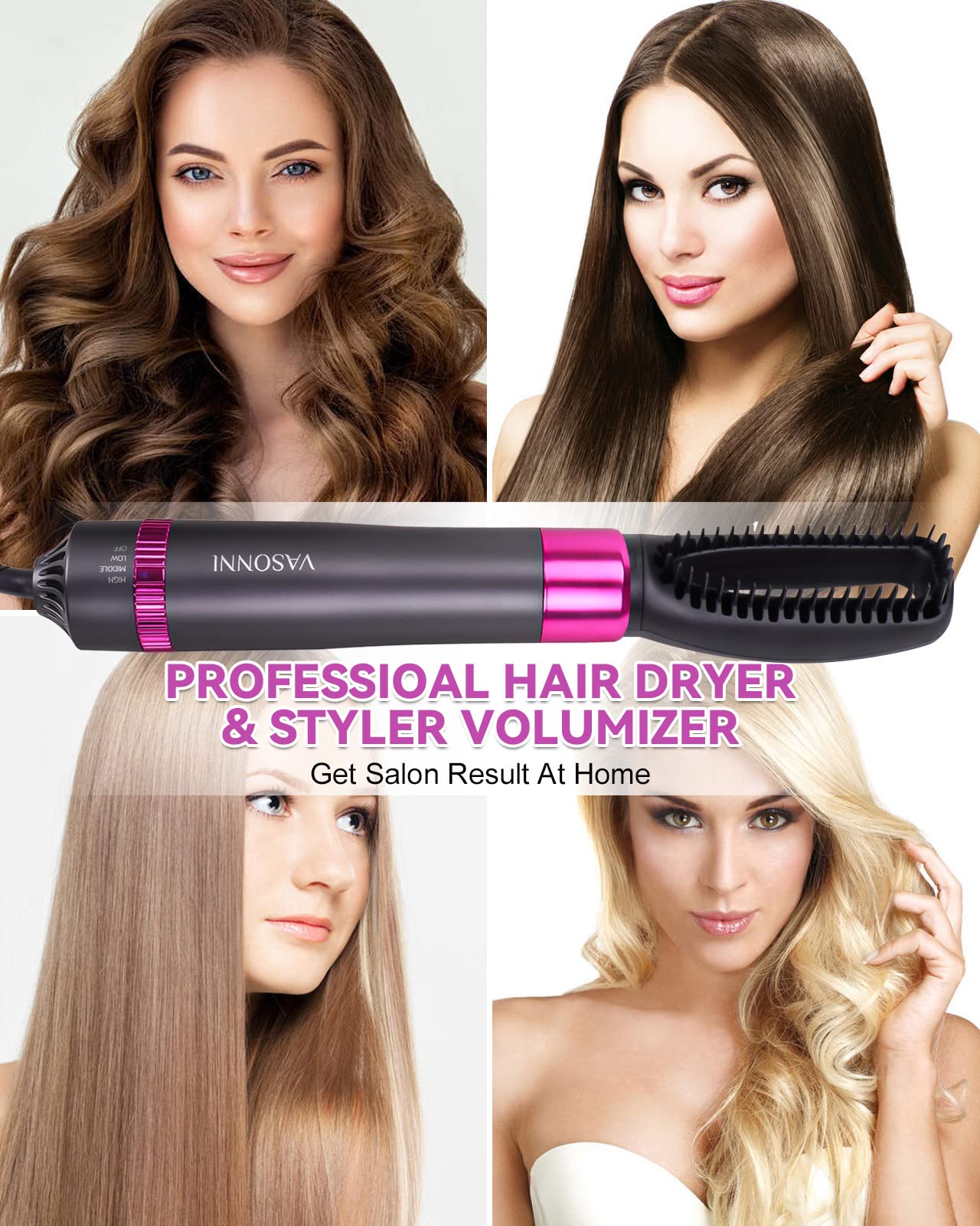 VASONNI 5 in 1 Hair Dryer Brush, Negative Ion Electric Hot Air Blow Dryer Brush Comb (black-red)