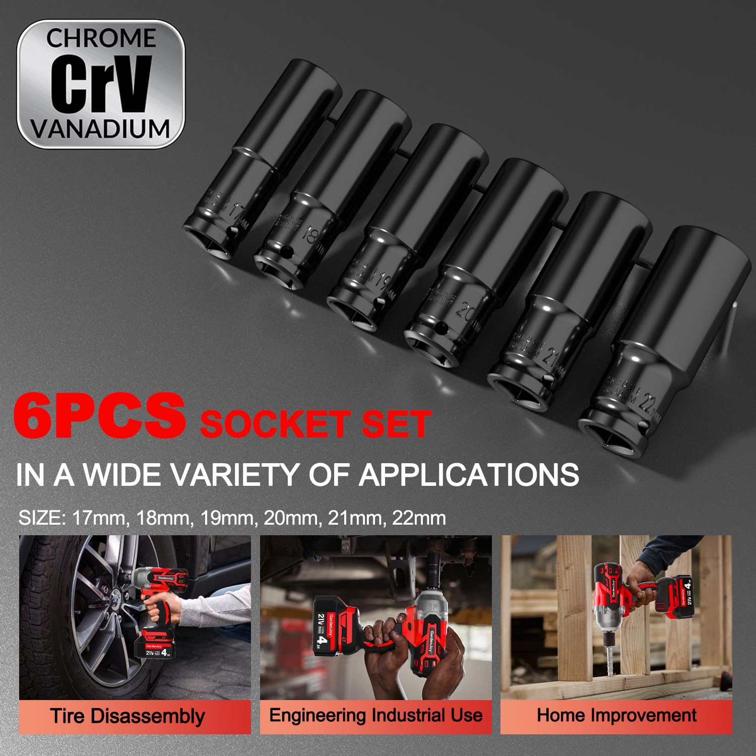 GardenJoy 1/2-Inch Cordless Impact Wrench: 21v Brushless Power Wrench Max Torque 450 Ft-lbs with 3 Mode Speed, 4.0Ah Battery, Charger, 6pcs Sockets and Tool Case, Electric Impact Gun Kit for Car Home