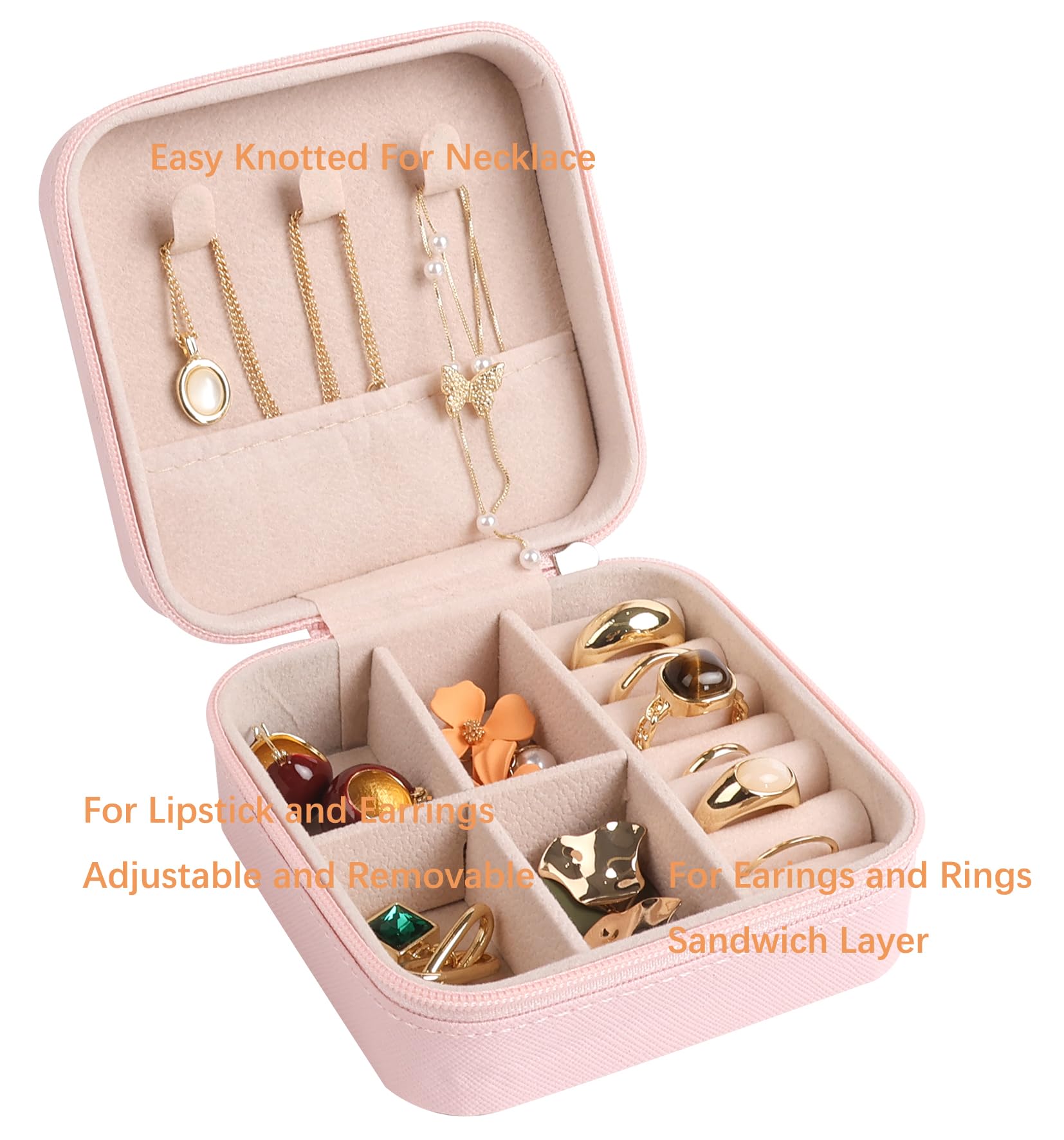 OceeK Mini Jewelry Travel Case,Pink Travel Jewelry Case,Small Travel Jewelry Organizer, PU Leather Travel Jewelry Organizer Box Double Layer Travel Accessories,Pink,1 Pack