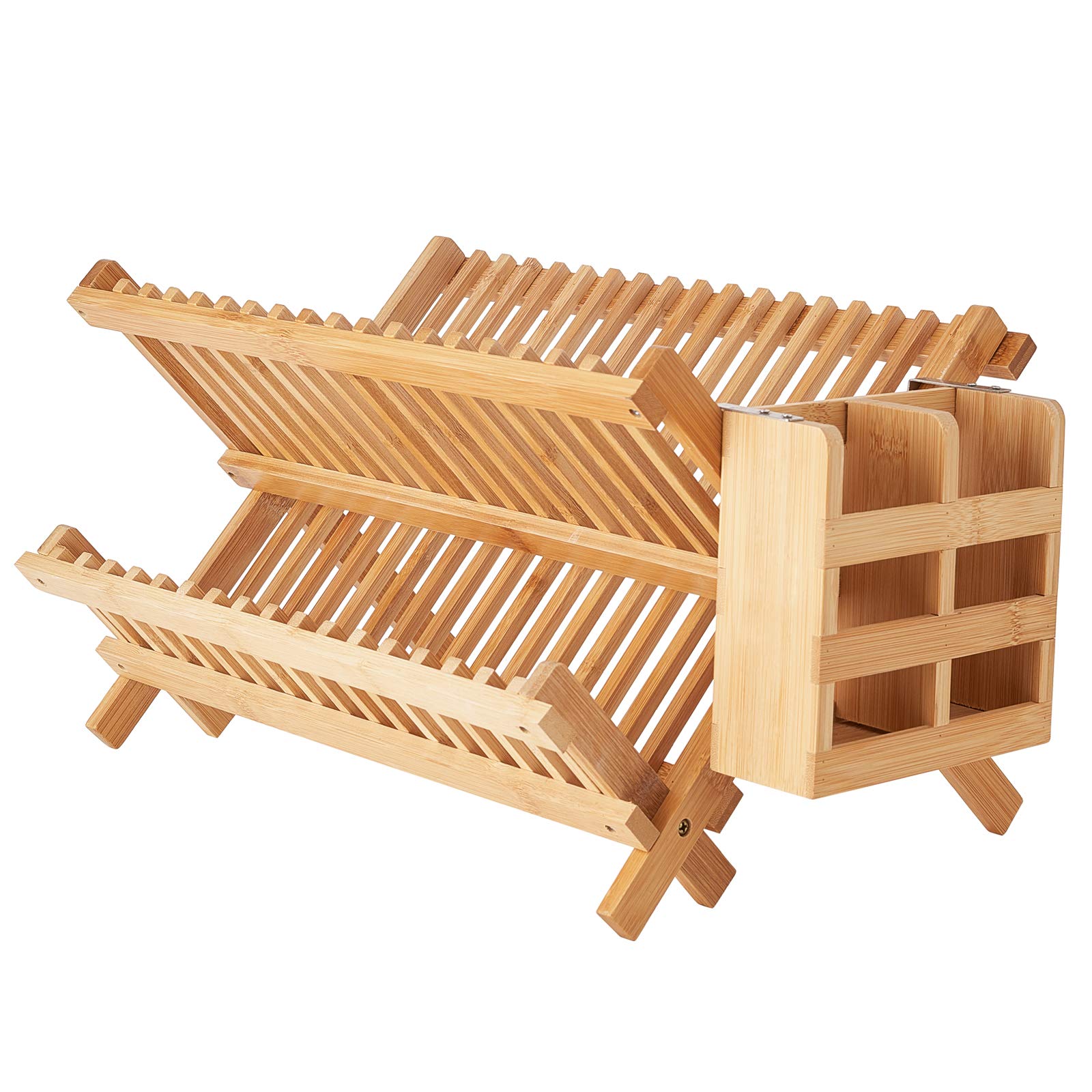 Worthyeah Bamboo Dish Drying Rack, 2 Tier Collapsible Dish Rack with Utensil Holder, Wooden Dish Drying Rack for Kitchen Counter, Large Folding Drying Holder, Dish Drainer