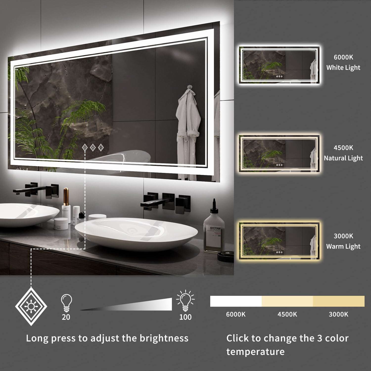 VanPokins Ligthed Bathroom Mirror, 60x28 Inch Gradient Front and Backlit LED Bathroom Mirror, 3 Colors Dimmable CRI>90 Double Lights, IP54 Enhanced Anti-Fog, Hanging Plates Wall Mount LED Mirror