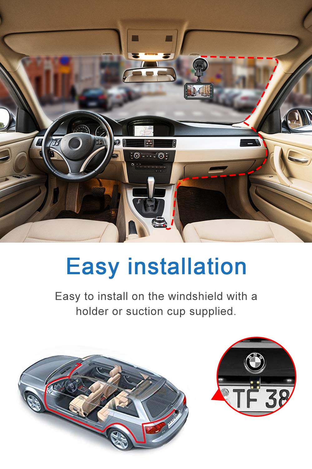 Dash Cam Front and Rear CHORTAU Dual Dash Cam 3 inch Dashboard Camera Full HD 170° Wide Angle Backup Camera with Night Vision WDR G-Sensor Parking Monitor Loop Recording Motion Detection